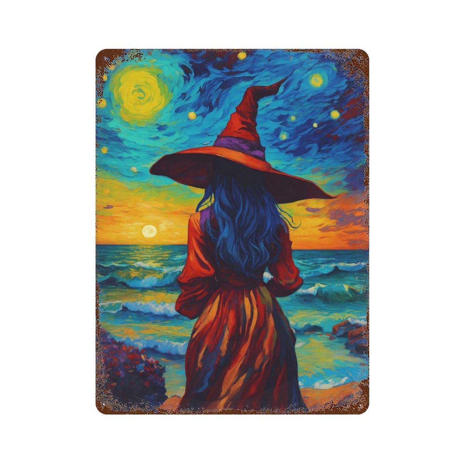 Vintage Metal Tin Sign Witch at The Beach 15.7"x11.8", Industrial Home Decor for Farmhouse, Kitchen And Entryway Decor
