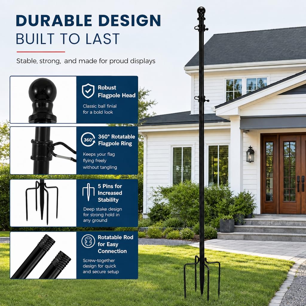 Asta per bandiera resistente da 3 m per giardino, asta per bandiera in acciaio inox con palo a 5 poli e altezza regolabile, kit per bandiere da esterno, per cortile, cancello, campeggio