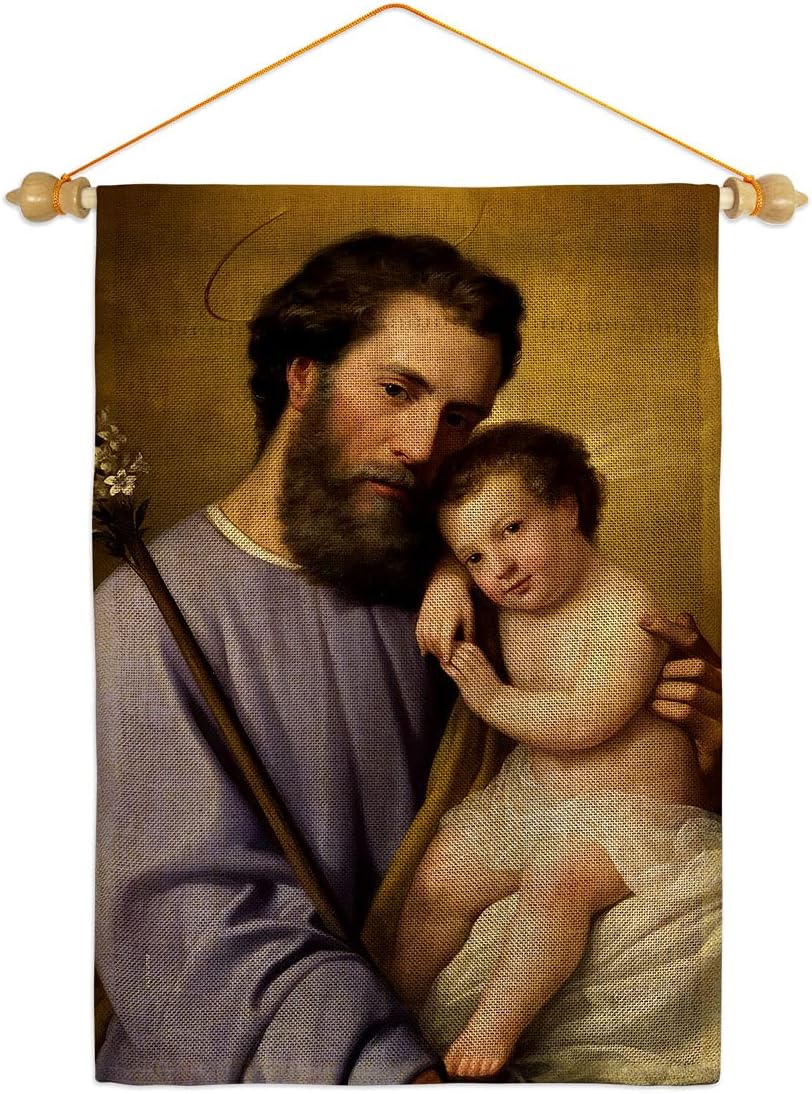 St Joseph And Infant Jesus Garden Flag Set Wall Holder Religious Faith Hope Grace Peace Dove Christian Religion Easter Small Decorative Gift Yard House Banner Made In USA 13 X 18.5