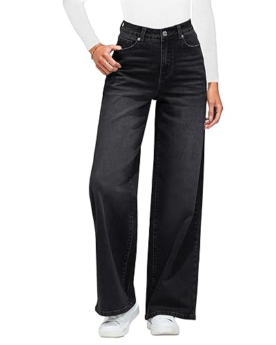 Roskiky Wide Leg Jeans for Women UK Trendy High Waisted Stretchy Denim Pants 90S Baggy Jeans Trouser with Pockets - XL - True Black