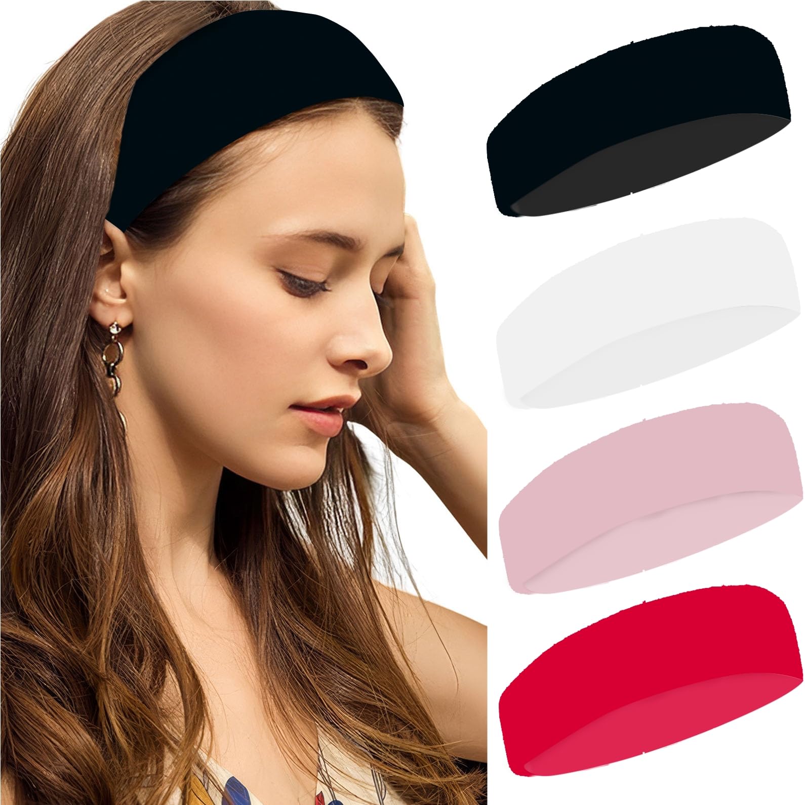 SENMAY 4PCS Floral Headbands for Women Trendy Wide Head Bands for Women's Hair Non Slip Wraps Elastic Stretchy Bandanas Workout Hair Bands Fashion Hair Accessories Birthday Gifts for Valentines Pink-picture-33