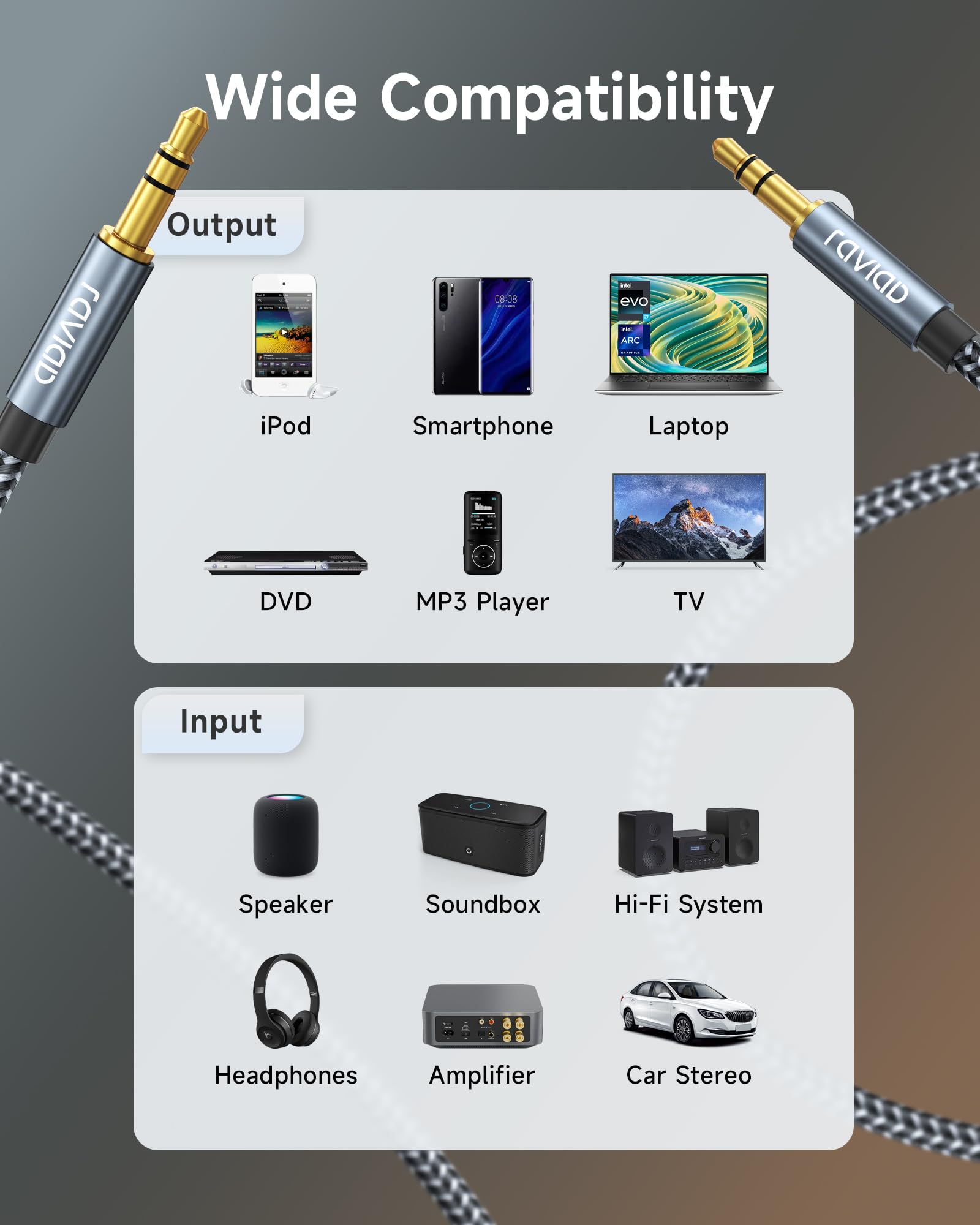RAVIAD Câble Jack Audio 3.5mm Mâle vers Mâle [10M] Stéréo Nylon Tressé Câble Auxiliaire Voiture 3.5mm Male Male pour Casque, Haut-Parleur, Autoradio, TV, iPhone, Smartphones, PC, MP3