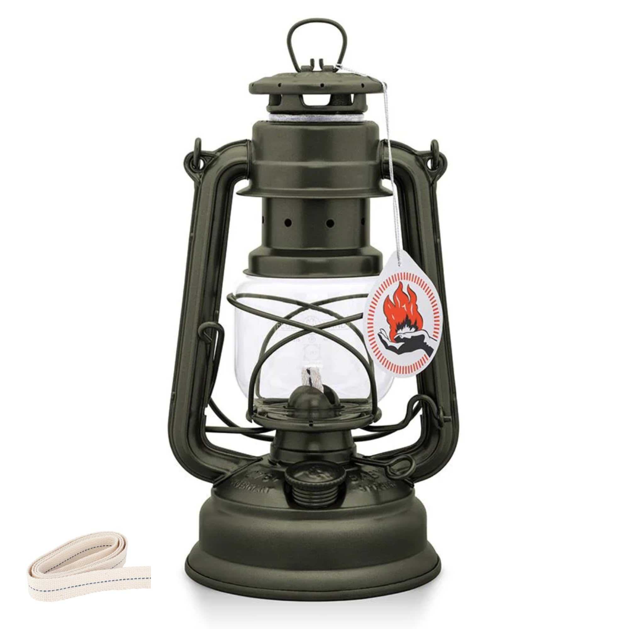 Feuerhand 276 Outdoor Hurricane Oil Lantern - German-Made Since 1893, Paraffin Lamp with Galvanized Steel, 300ml Tank, 20 Hour Burn Time, Safe for Hanging or Table Use, Kerosene Camping Light, Olive