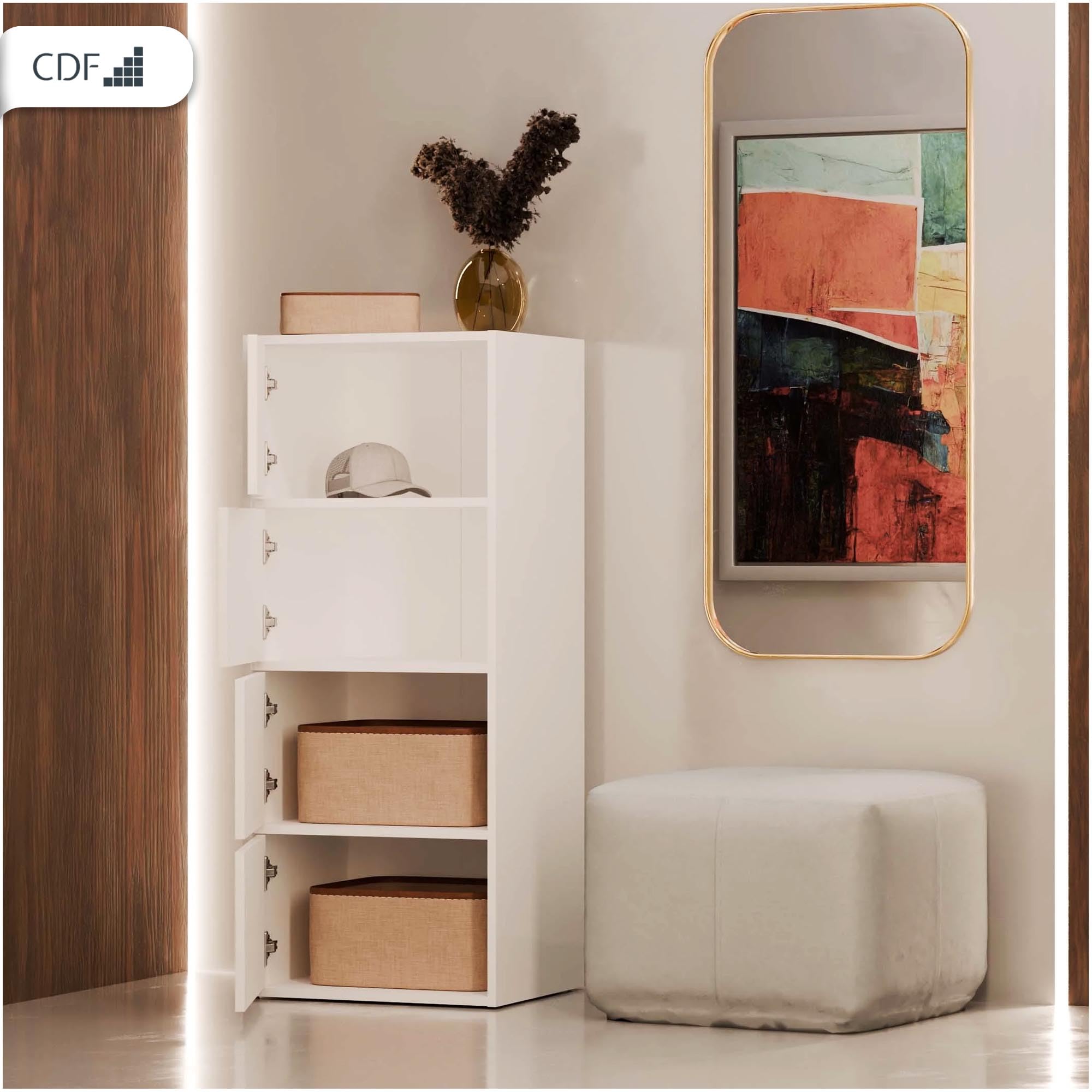 CDF Armoire De Rangement Haute 50cm 4 Portes 4 Étagères Salon Bureau Entrée Chambre Couloir Meuble Buffet Commode Placard Dressing Vestiaire Casier Cabinet Fin Push-to-Open sans Poignée Moderne Blanc