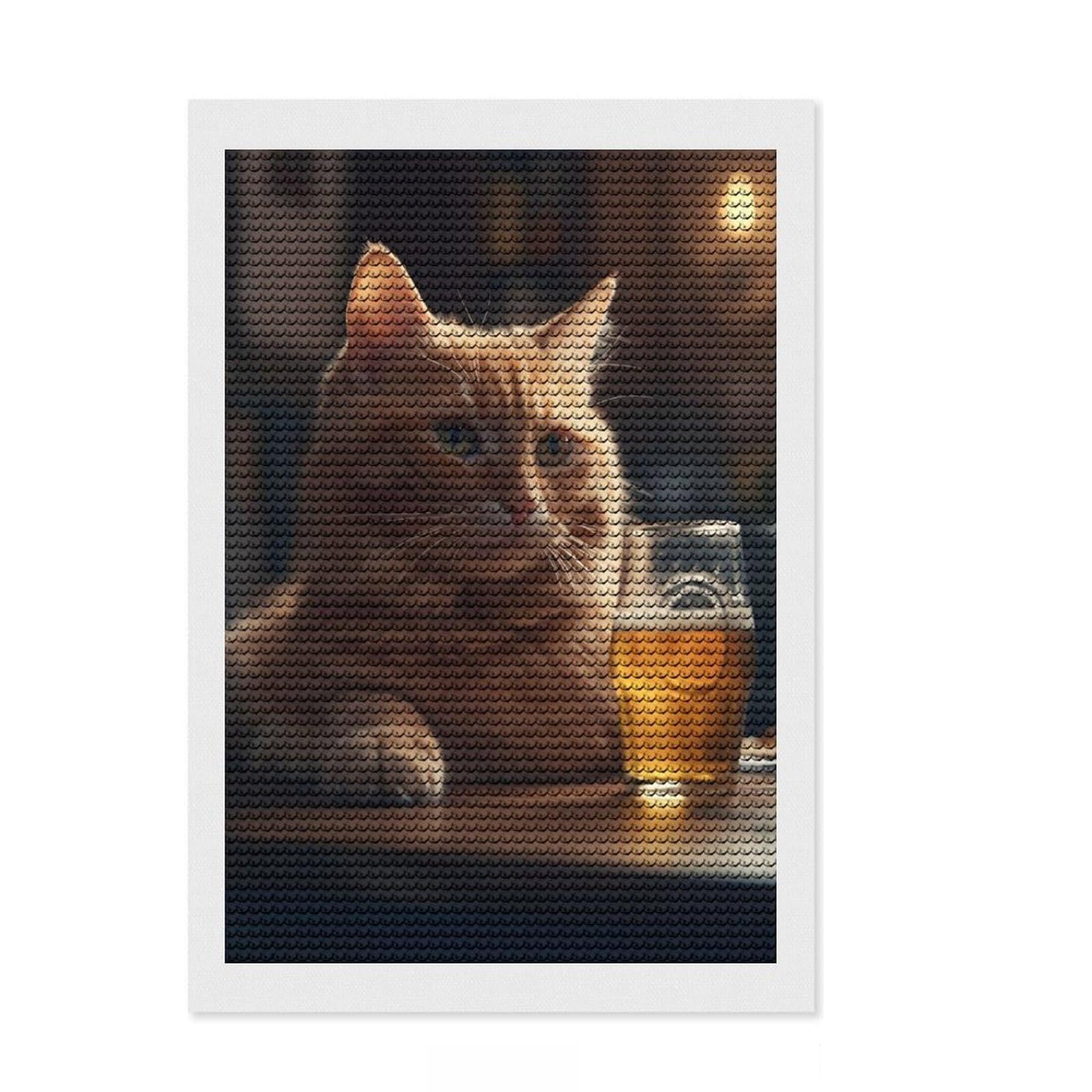 Junmoney Cat A Glasses of Beer Diamond Painting Set 8"x12", Birthday Gift, for Beginners, Full Kit Included, Vintage Style Decor, with Tool Kit