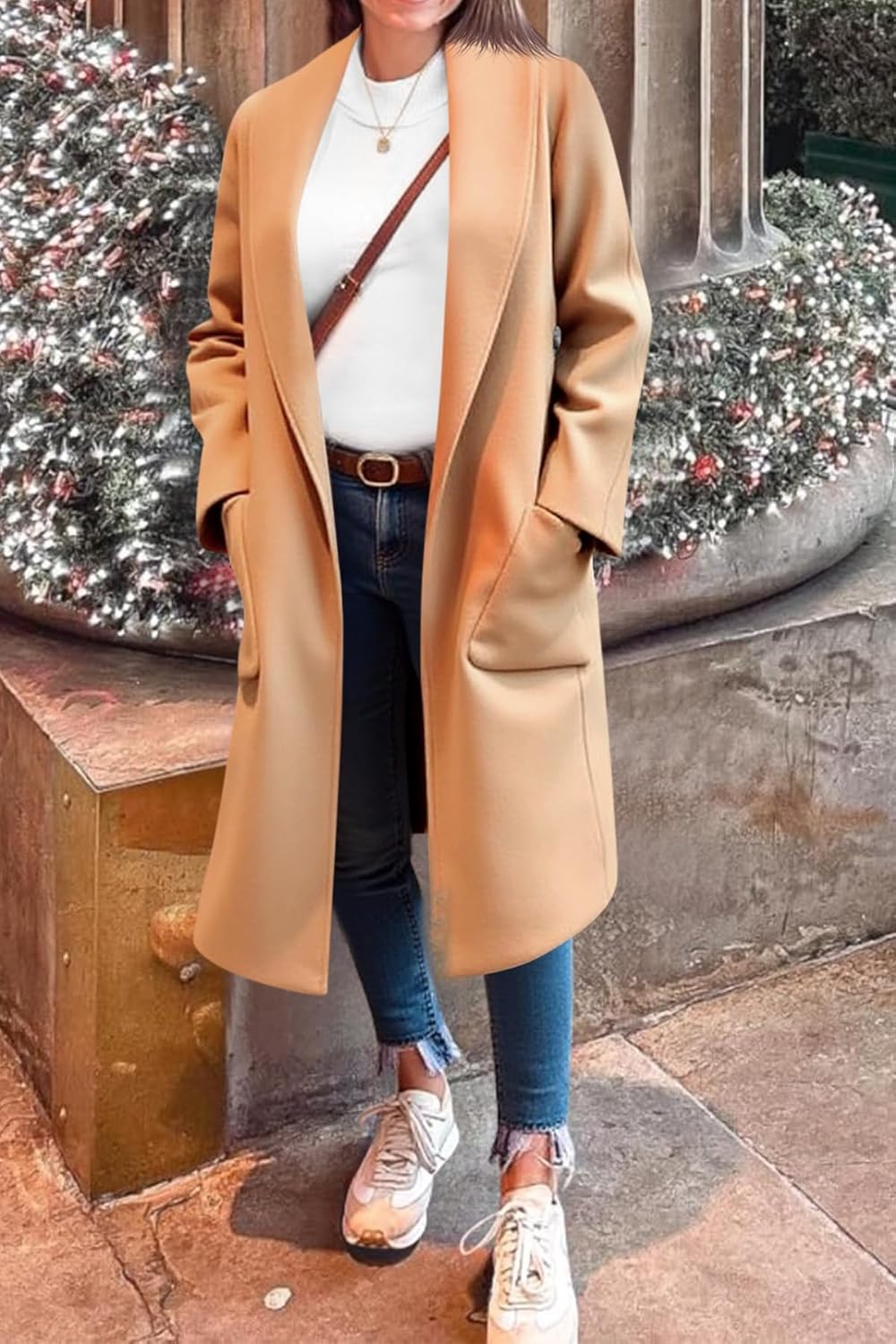 Cicy Bell Womens Open Front Pea Coats Classic Lapel Long Trench Coats Loose Fall Winter Outwear with Pockets - Image 3