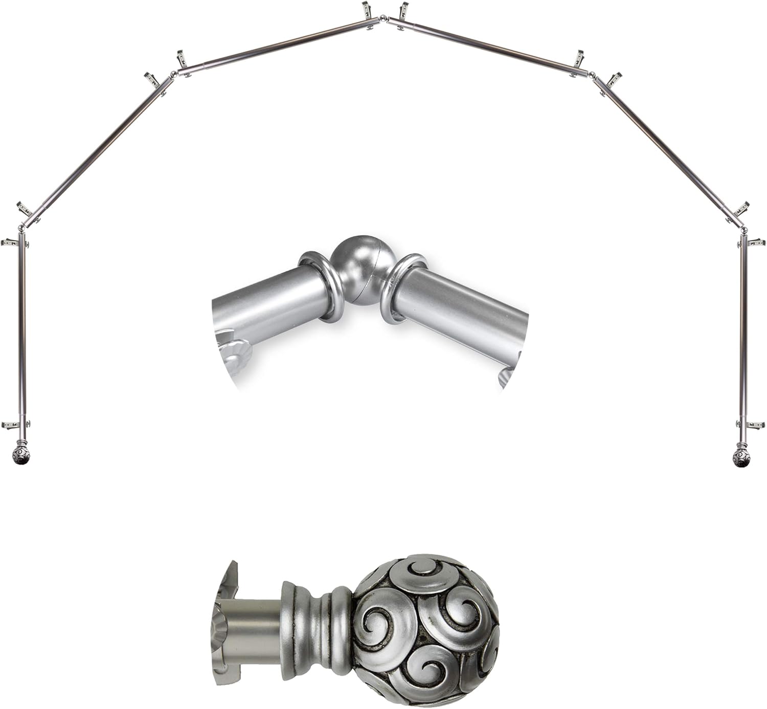 A&F Rod Décor - Truffle 13/16" 6-Sided Bay Window Curtain Rod 28-48 inch (each side) - Satin Nickel