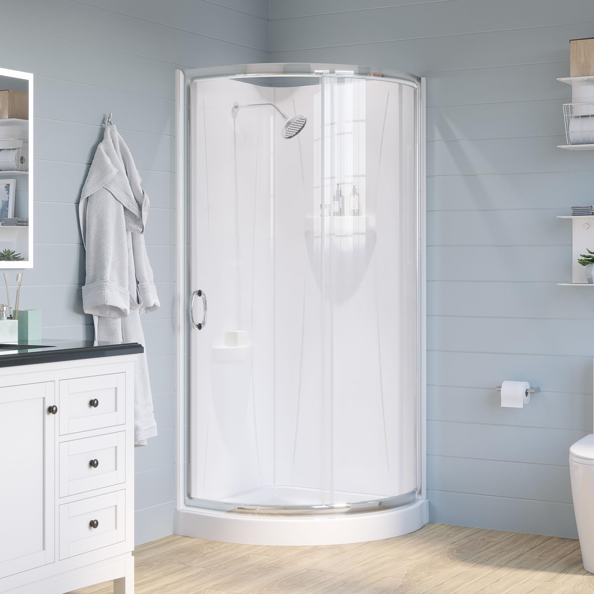 Featured: OVE Decors Breeze 34 in. Corner Shower Clear Sliding Door with Walls and Base in Satin Nickel Finish (Row 10)