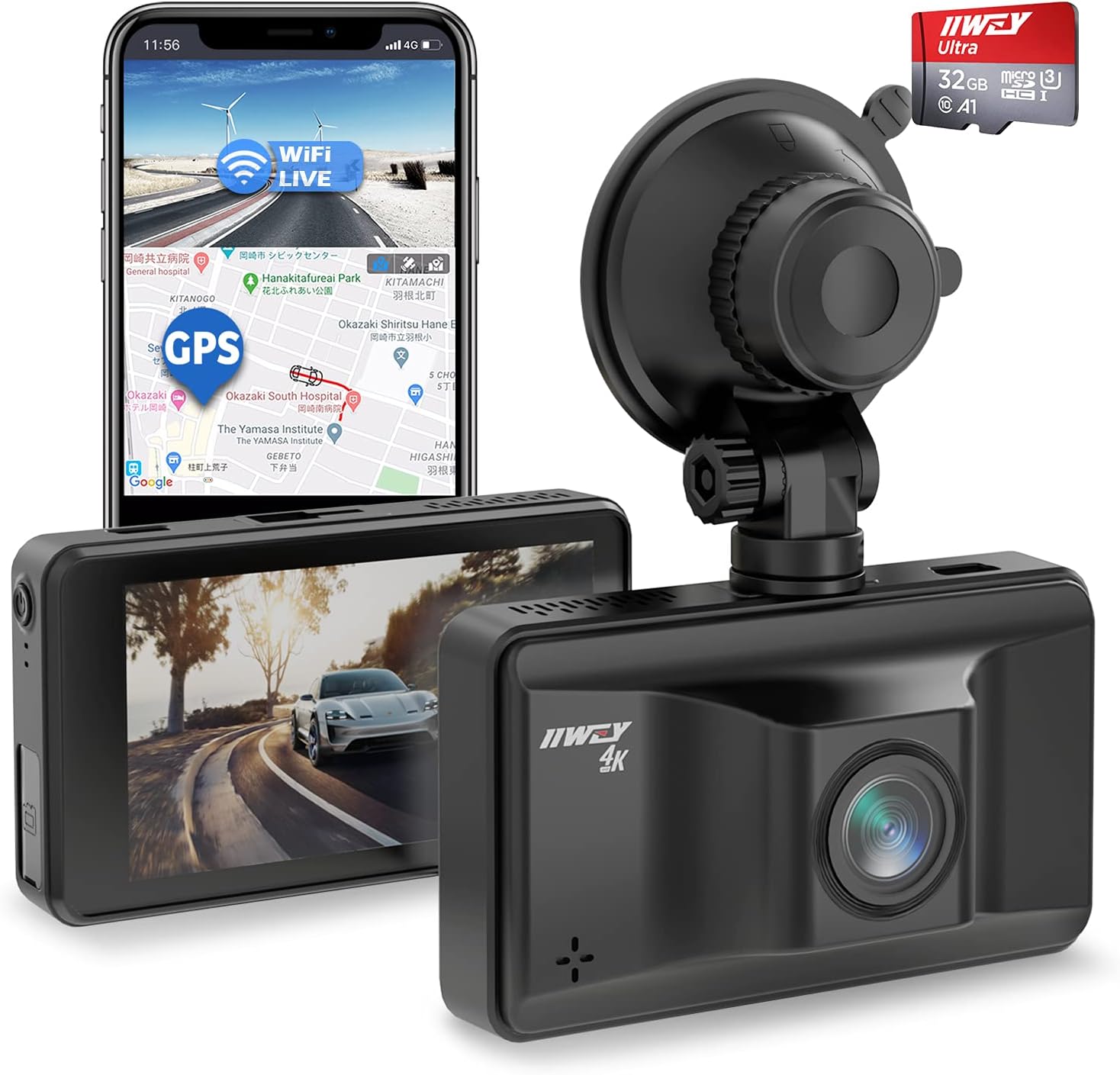 iiwey Dash Cam Front WiFi, 4K GPS Dash Cam with Speed Showing, Dash Camera for Cars Ultra HD 2160P@30fps with 3 Inch Touchscreen, Car Camera with SD Card, Night Vision, Motion Detection, Parking Mode