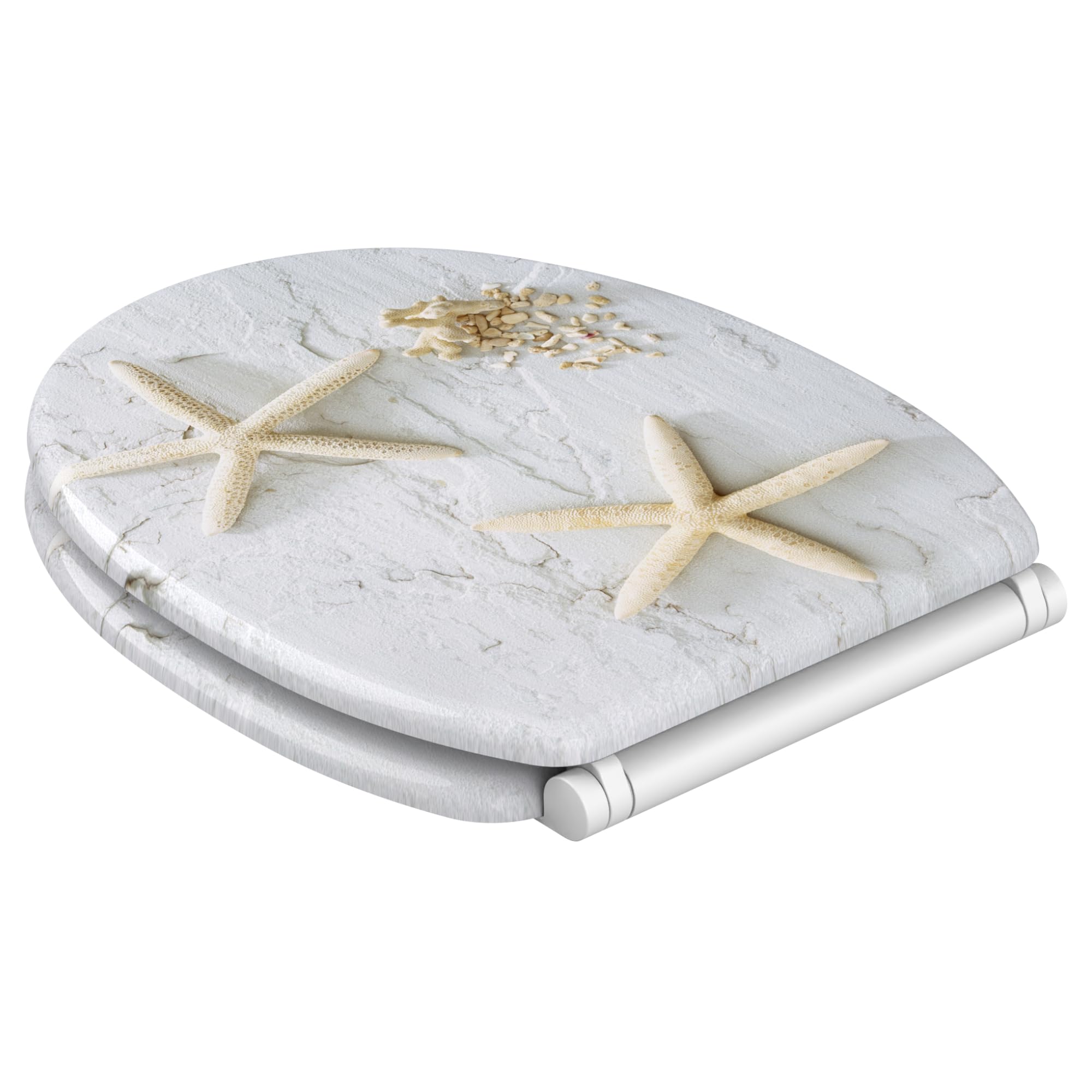 Sanilo Tapa de inodoro con cierre suave y liberación rápida, el asiento para WC se desmonta pulsando un botón, sencillo montaje desde arriba (Estrellas de mar gris)