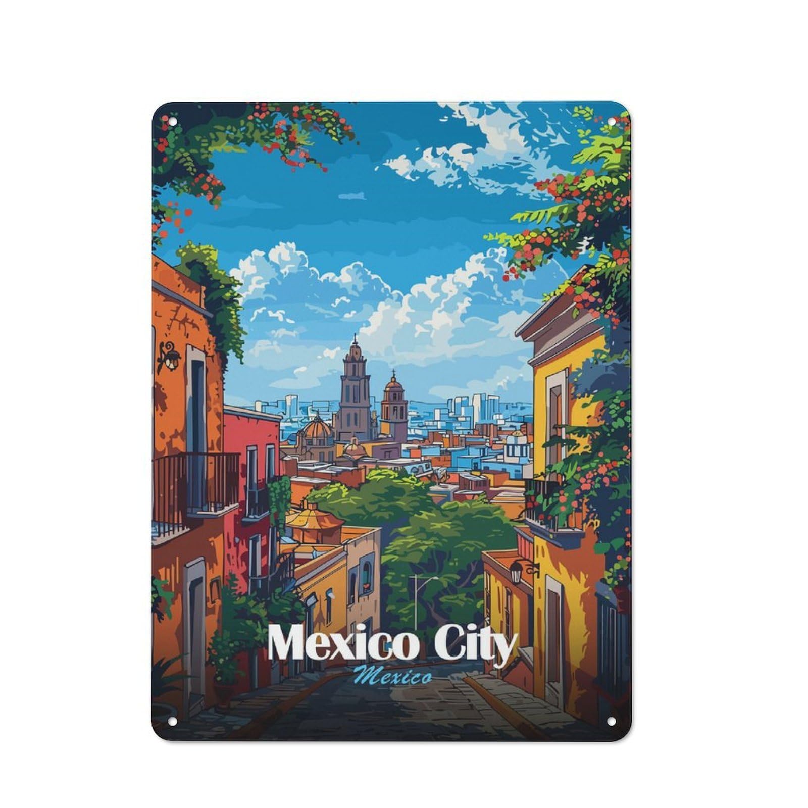 Junmoney Style-14 Vintage Mexico City Skyline Metal Plaque 40X30cm, Diner Style Decor For Bakery, Diner, Cafe Or Family Room