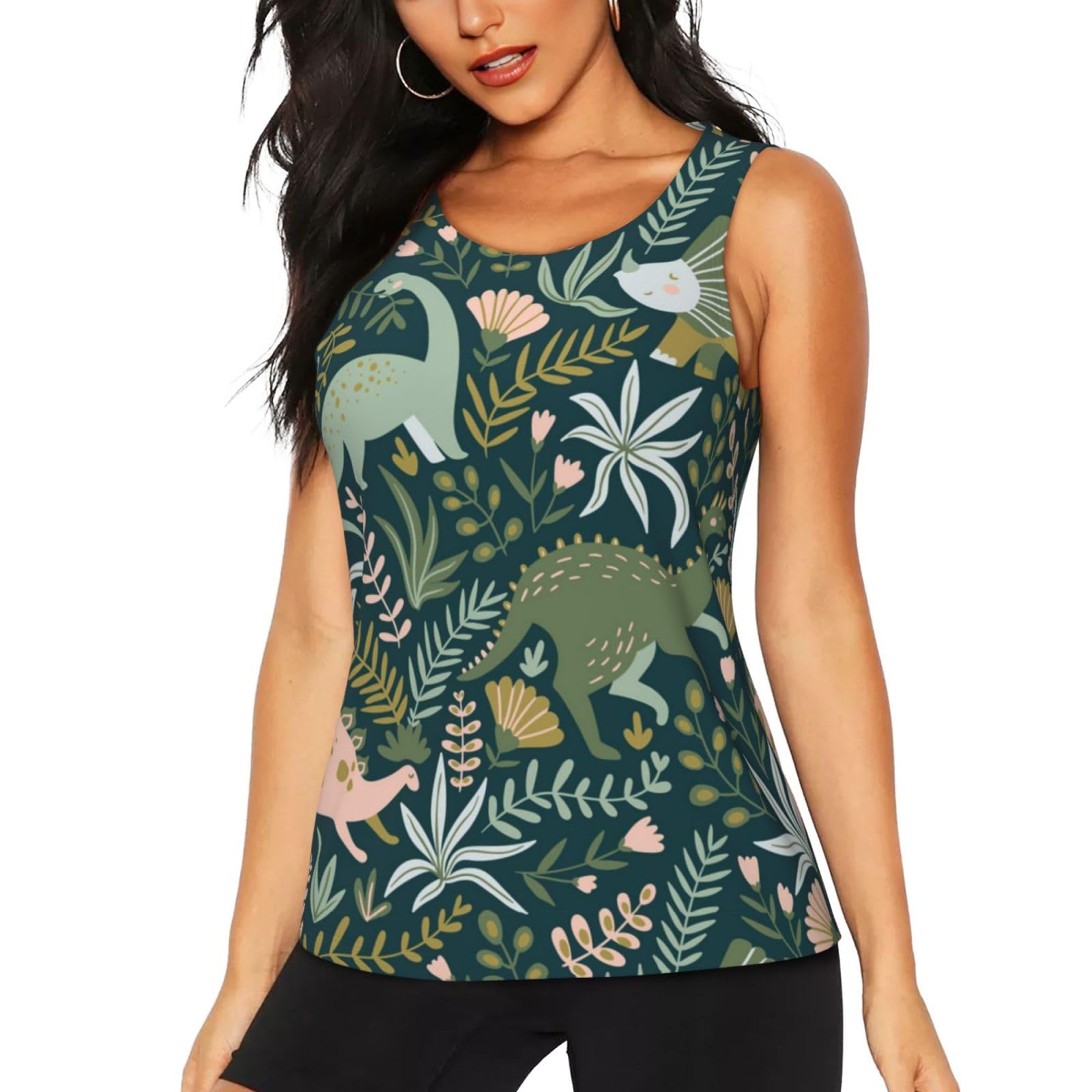 Workout Tank Tops for Women, Quick Dry Crew Neck Tank Top, Women Sport Sleeveless T-Shirt, Sport Vest, Gym Running Yoga Tops Athletic Shirts/Cute Dinosaur Black
