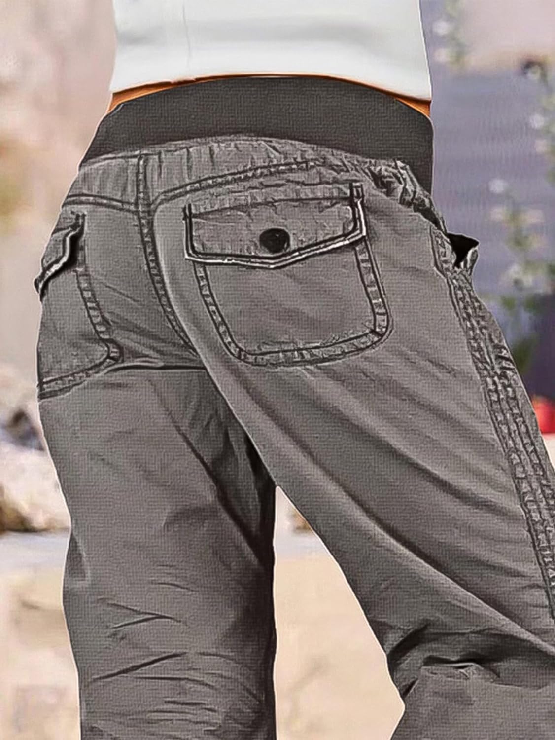 Flamingals Straight Leg Pants for Women Drawstring Waist Mid Rise Casual Solid Seam Detail Pants - Image 3