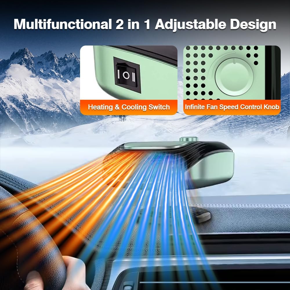 MACHSWON Portable 2 in 1 Car Heater for Defogging and Defrosting, 24V 150W Fast Heating 360° Rotatable Windscreen Defogger, Car Heater Universal for Cars SUVs Trucks RVs(Green)
