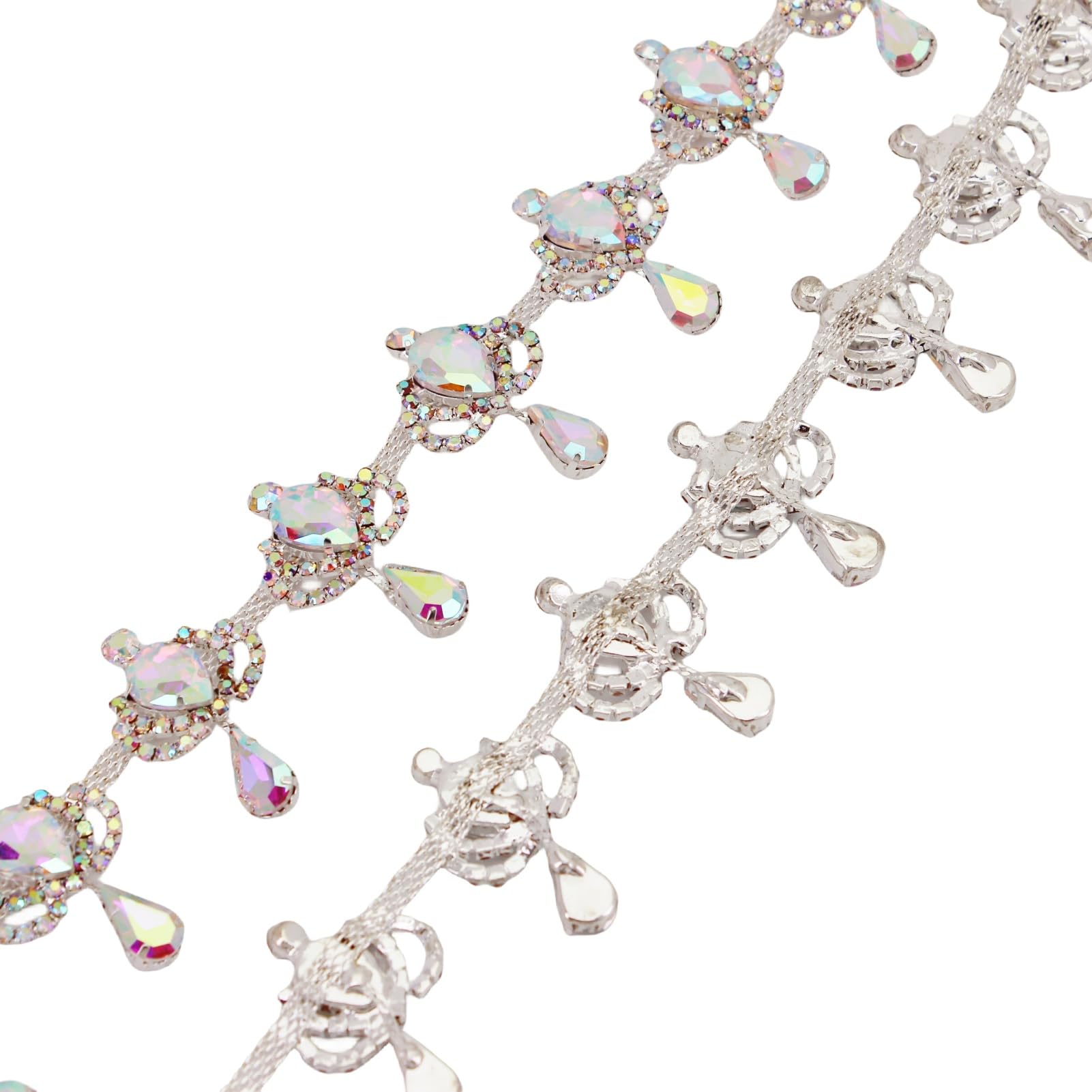 Phicmanlo 1 Yard AB Fringe Rhinestone Chain Trim Crown Shape Holographic Crystal Welding Trimming Belt Bridal Beaded Trim Applique (Silver AB)