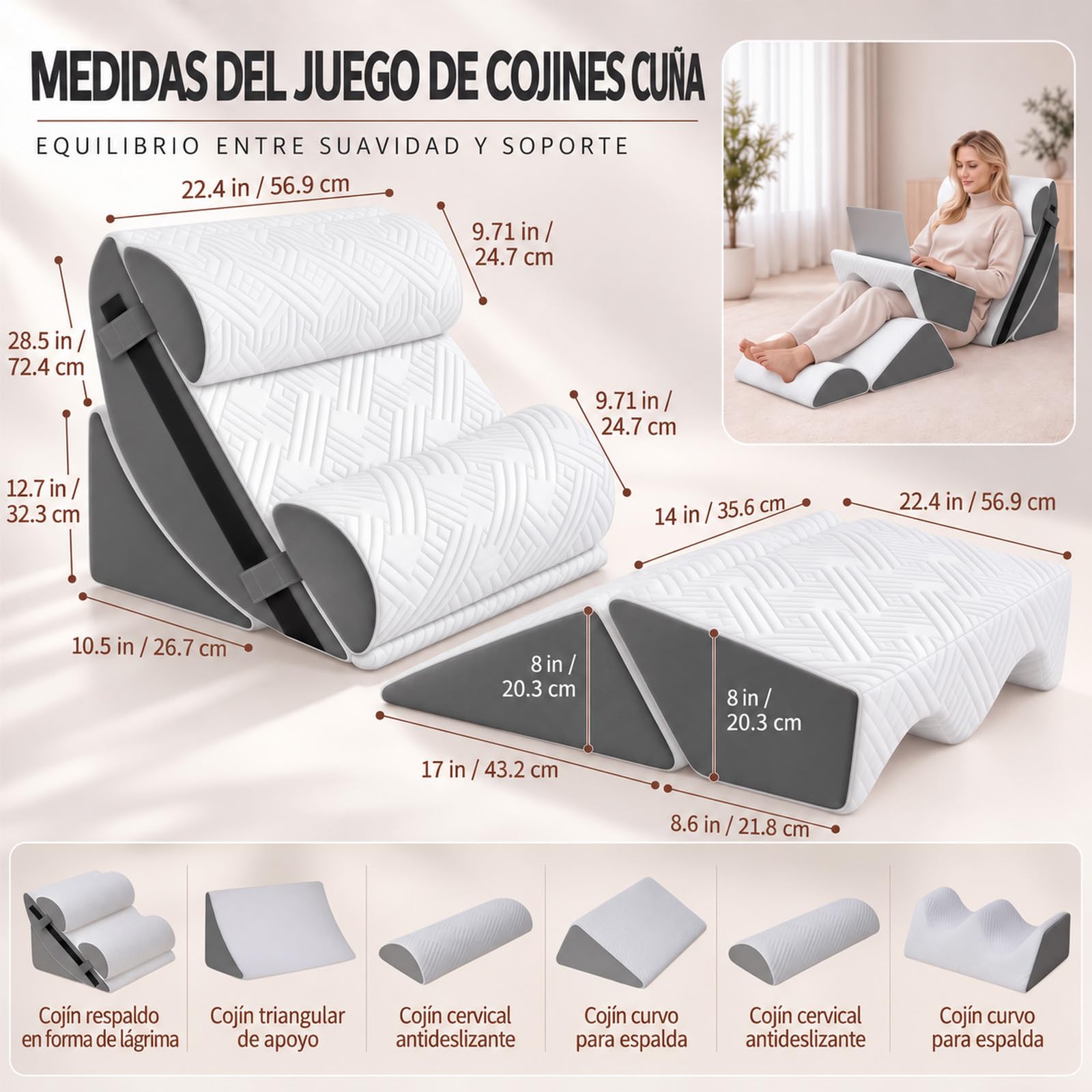 Almohada ortopédica de cuña,6pcs Cojín de lectura ajustable,Espalda Cuello