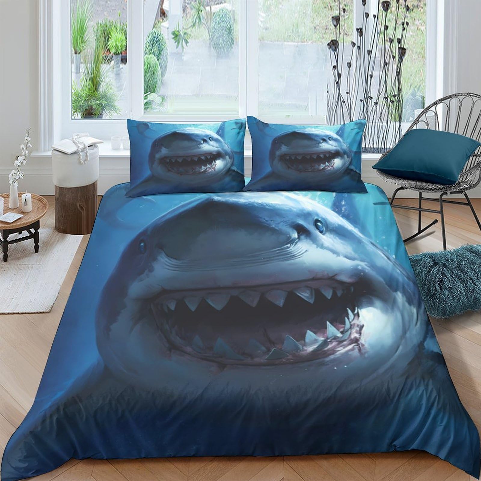 Ctjqhvkz Style-2 3D Printed Shark Ocean Fitted Sheet Microfiber Soft Waterproof Underwater Teeth Mattress Cover For Bedroom Home Decor Single（135X200cm）