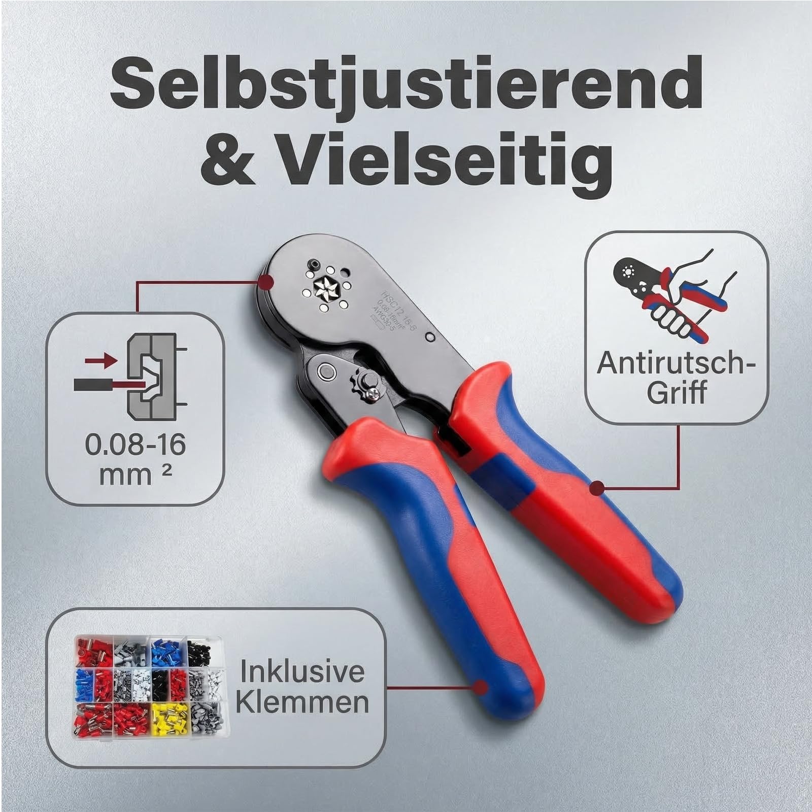 Crimpzangen-Set 0,08–16 mm² mit 1500 Aderendhülsen | Selbsteinstellend; gehärteter Stahl; für Einzel- und Doppeladerendhülsen; Elektroinstallation und Schaltschrankbau