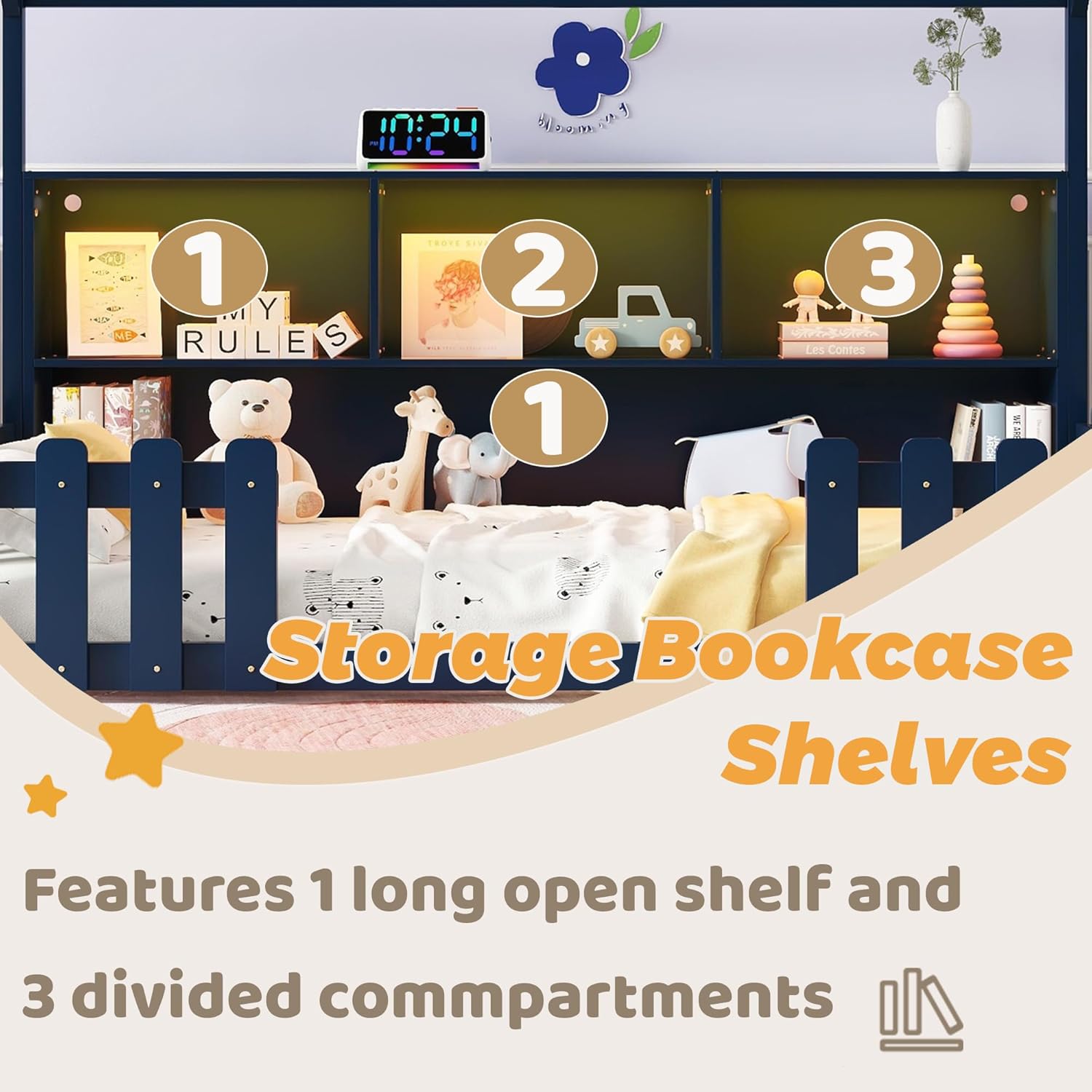 Twin Size House Floor Bed with LED Light and Storage Bookshelf, Montessori Twin Floor Bed Frame with Fence Rails, Twin Kids Floor Beds with Wood Roof for Boys Girls, Navy Blue