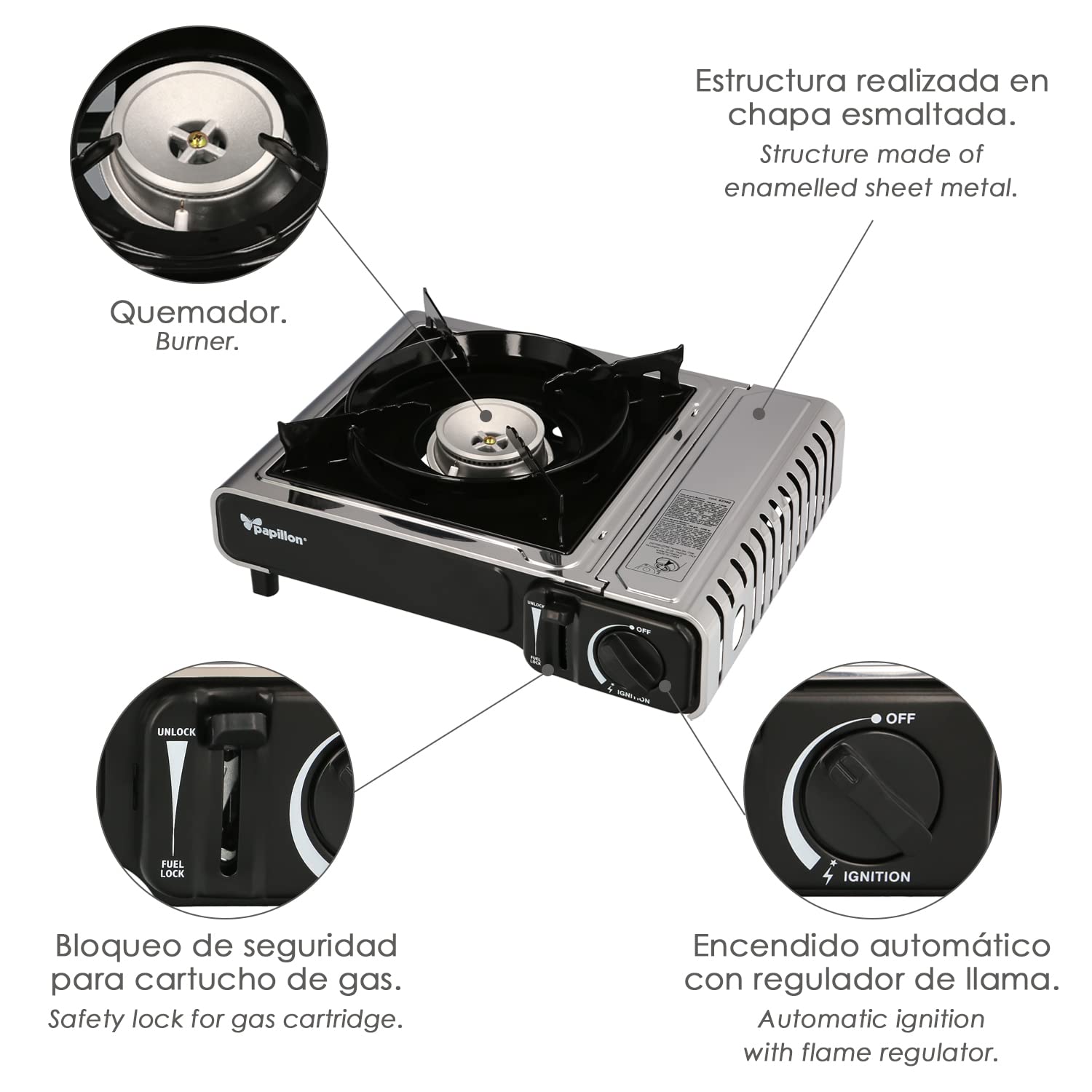 Papillon GAS HOB-02 - Fornello Gas Portatile per cartucce da 230gr. Struttura in lamiera smaltata, innesto rapido cartuccia. Consumo: 160gr/h, potenza 2.200W. Certificazione EN 17476/2021.