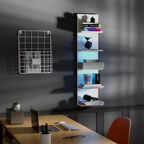 Miniatura 7 de Estantería de pared de 5 niveles con luz RGB, estante flotante para almacenamiento en la pared, estante vertical montado en la pared para