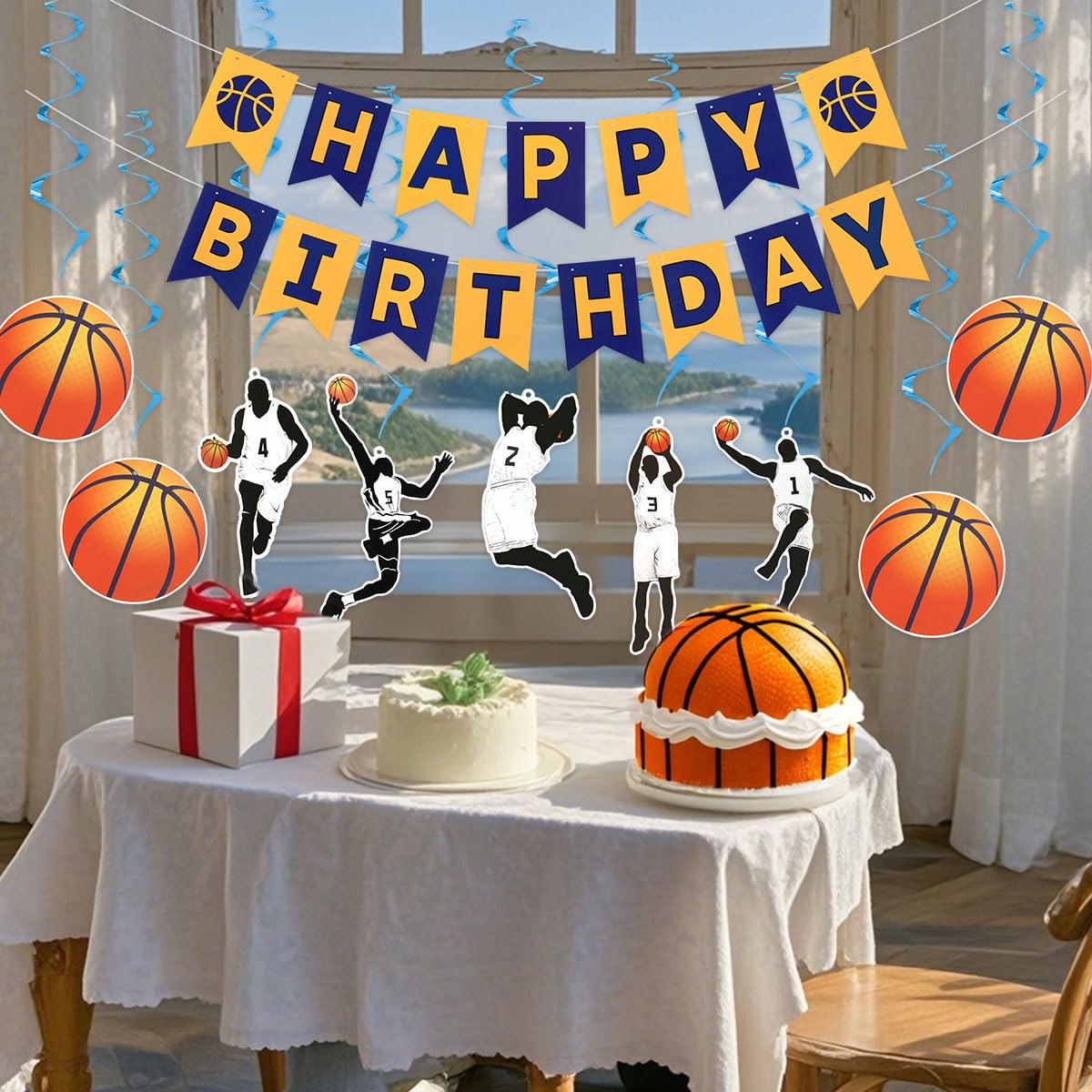Juego de decoraciones de fiesta de cumpleaños de baloncesto para niños, pancarta de feliz cumpleaños, remolinos colgantes para niños y hombres, juego de baloncesto, tema deportivo, baby shower, fiesta
