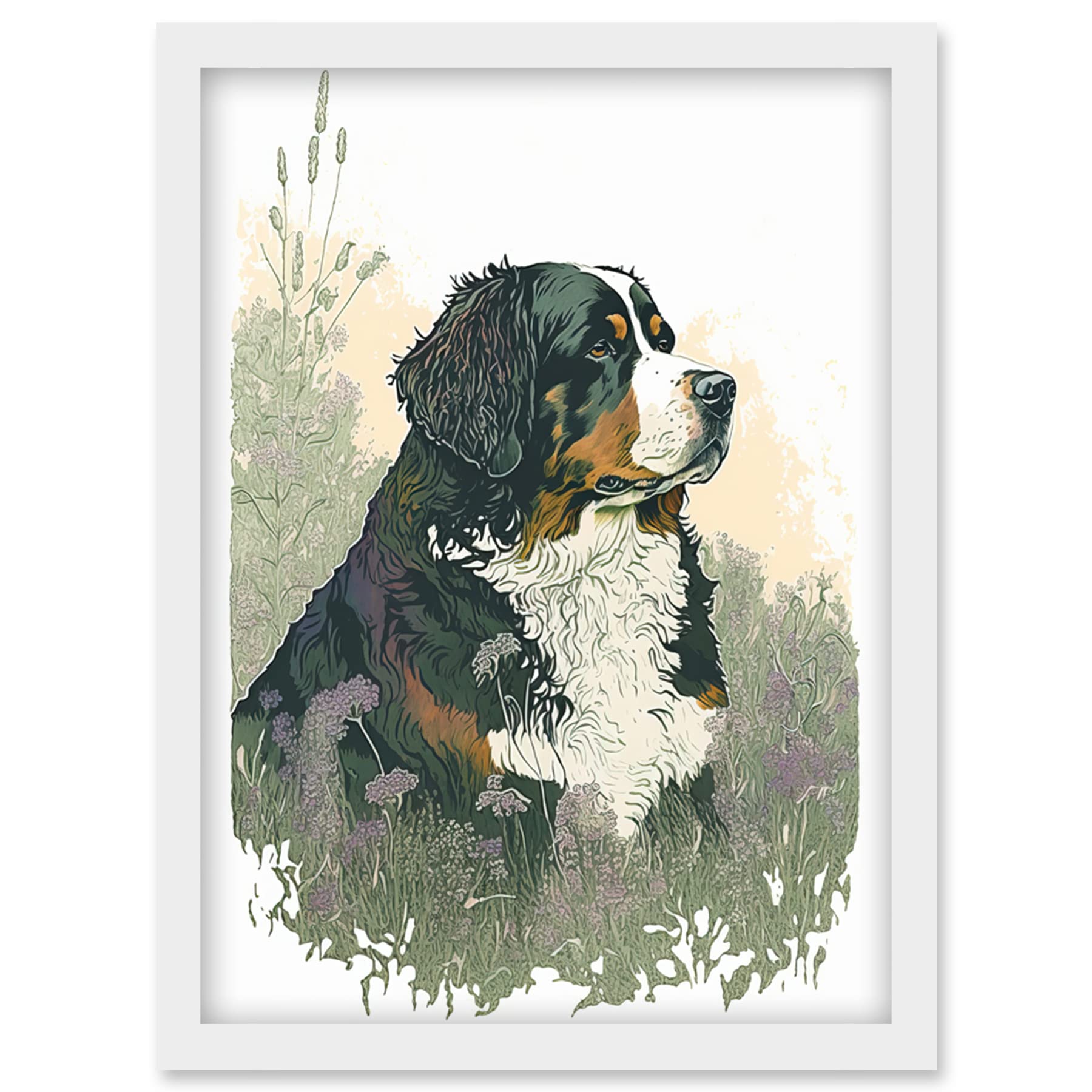 Artery8 Bernese Mountain Dog in Wild Flower Field Watercolour Illustration Artwork Framed Wall Art Print A4