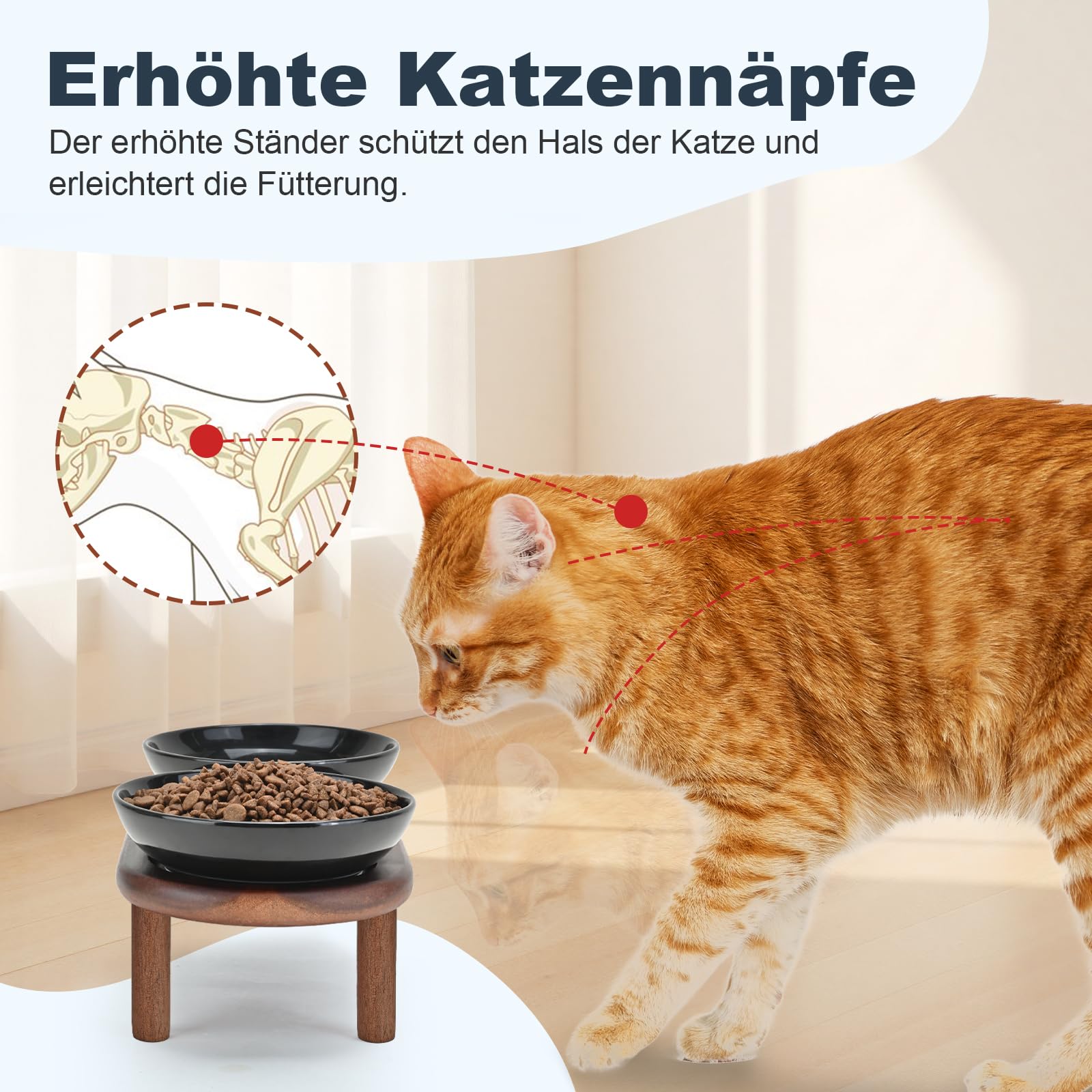 SPUNKYJUNKY Keramik Erhöhter Katzennapf mit Akazienholz Ständer Schnurrhaarfreundliche Katzen Futternapf Katze Futterstation (Katzenpfotenmuster, Schwarz)