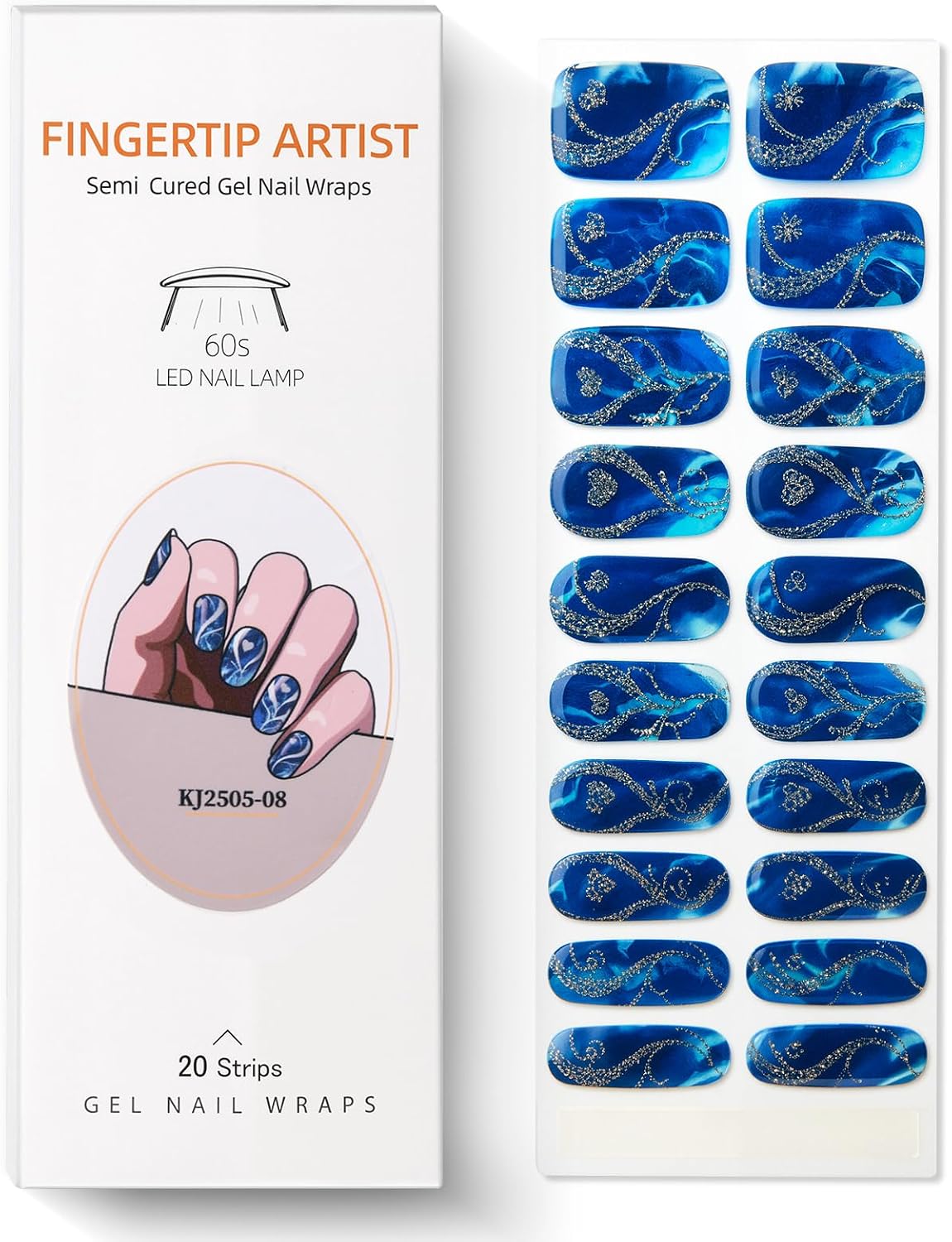 Semi Cured Gel Nail Strips with Gold Heart Designs Blue Gel Nail Strips Glossy Stickers Salon Quality & Easy to Use for Women 20 Pcs
