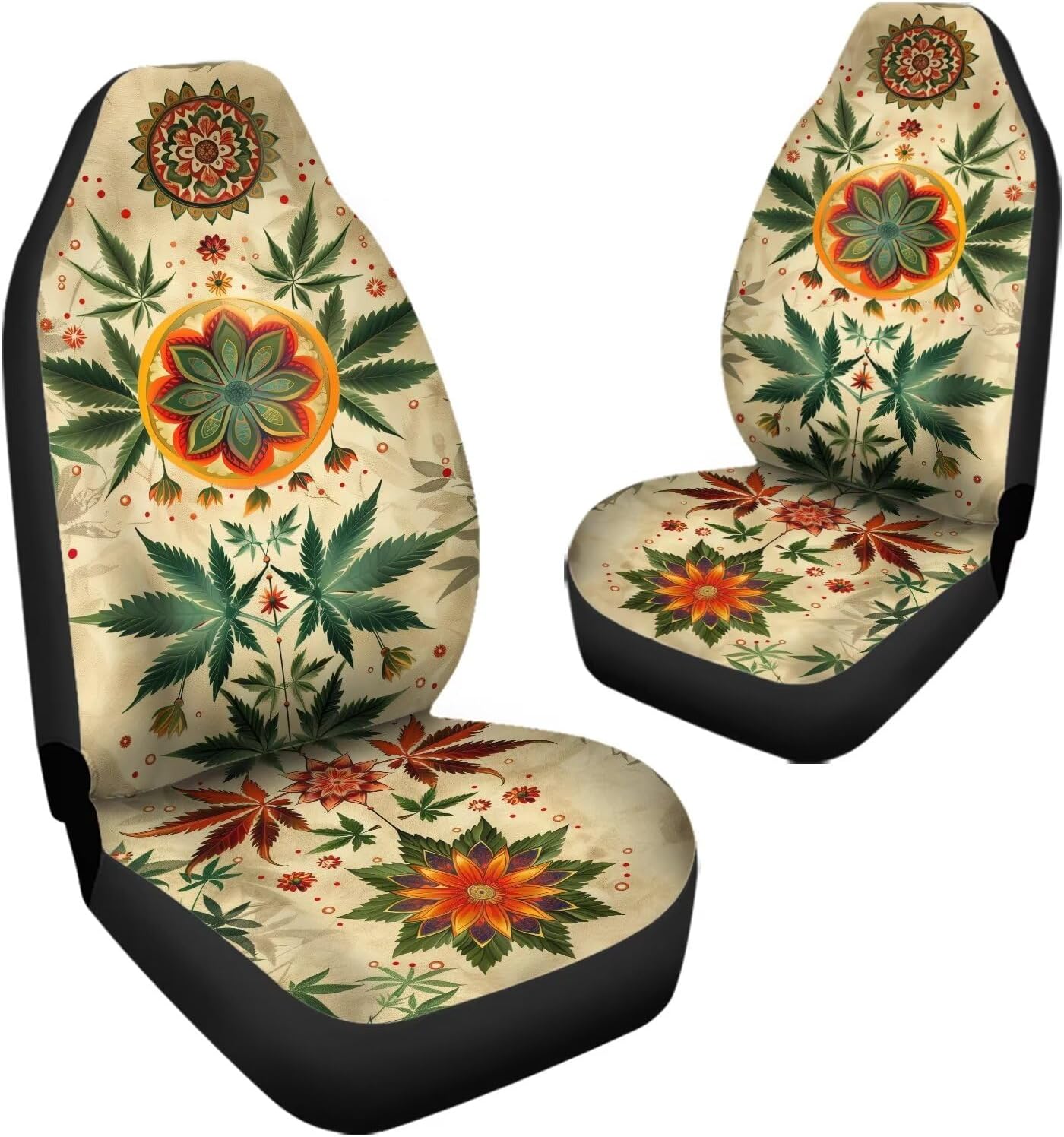 Universal Maple Leaf Boho Mandala Print Front Seat Cover Set of 2, Washable Soft Seat Protector, Vehicle Seat Protector Car Covers for Auto Sedan SUV Truck Auto Accessories