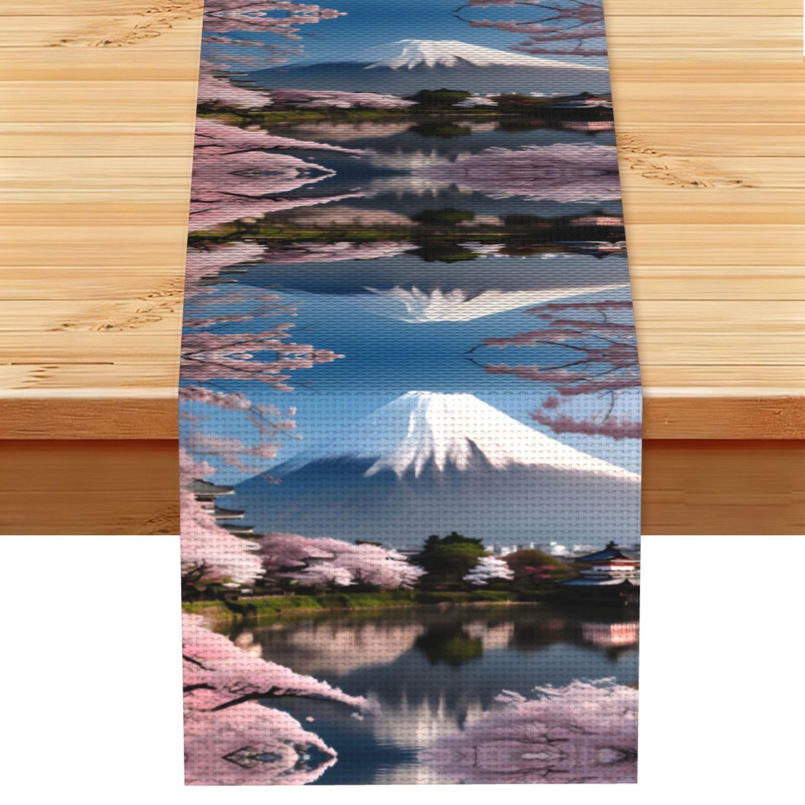 Mt. Fuji in early spring Linen Look Table Runner 13x72-Wrinkle Resistant Farmhouse Style for Dining Table Decor