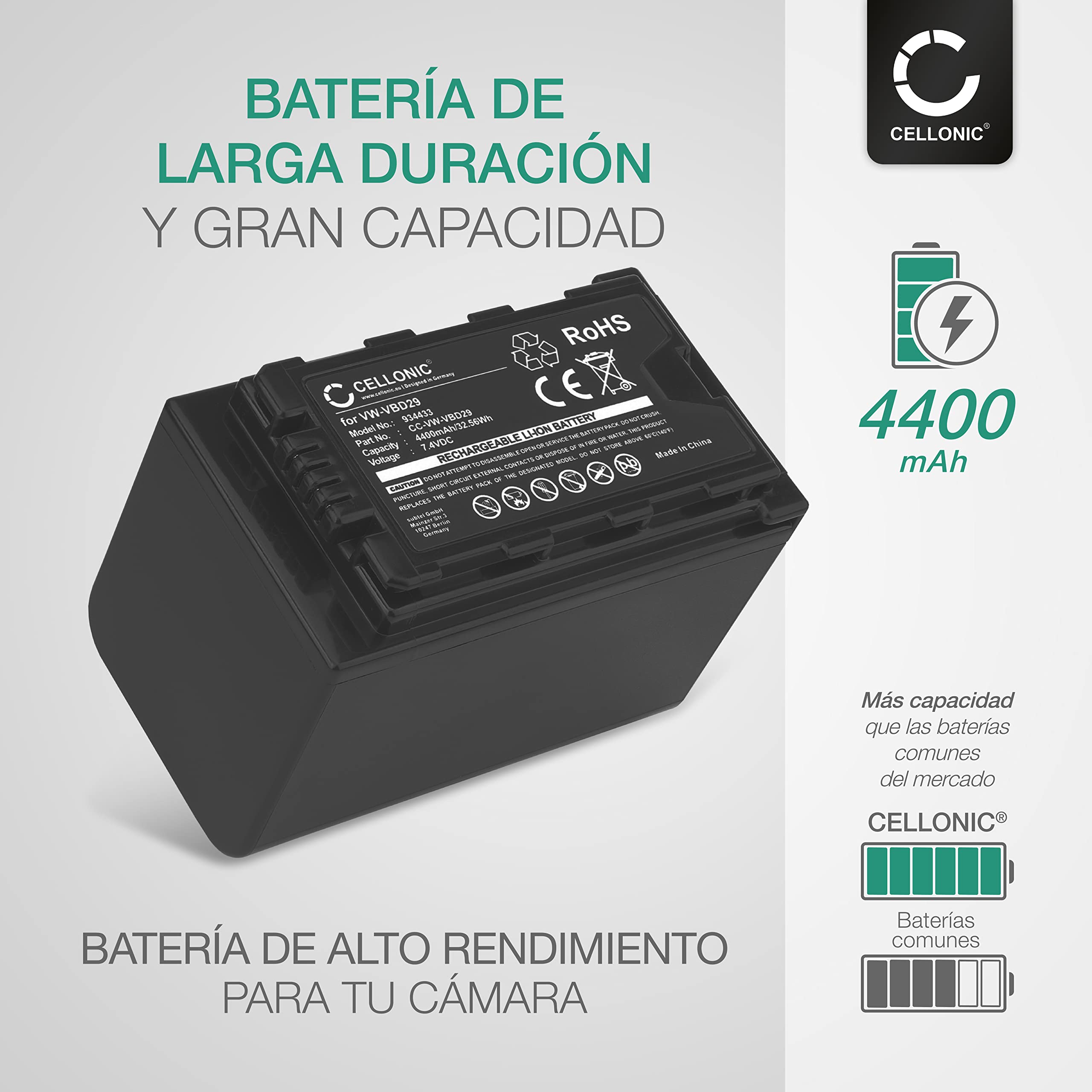 CELLONIC 2X Batería para Cámara Compatible con Panasonic HC-X1000, HC-MDH3, AG-AC8, CGA-D54 - (4400mAh, 7.4V) + Cargador