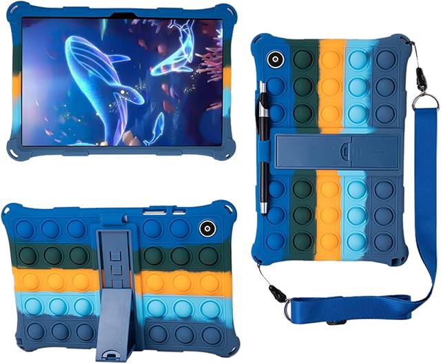 ZOOMALL Push Pop Fidget Toys Case for Samsung Galaxy Tab A8 10.5 2021(SM-X200/X205/X207) Kids Case Stress Release [Stylus Pen] [Pencil Holder] [Stand] [Shoulder Strap]-Colourful Dark Blue