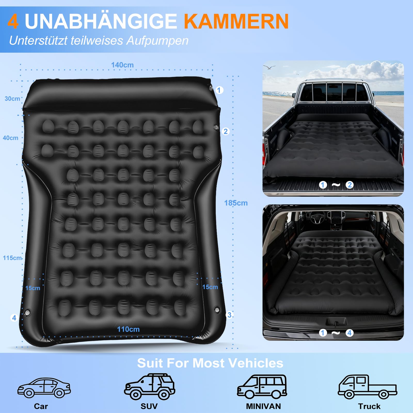 Auto Matratze - Luftmatratze Camping Bed Auto Aufblasbare Matratze für SUV MPV Minivan Kofferraum, 185x140x20cm Autobett Schlafmatte Air Mattress Luftbett für Road Trip Reise