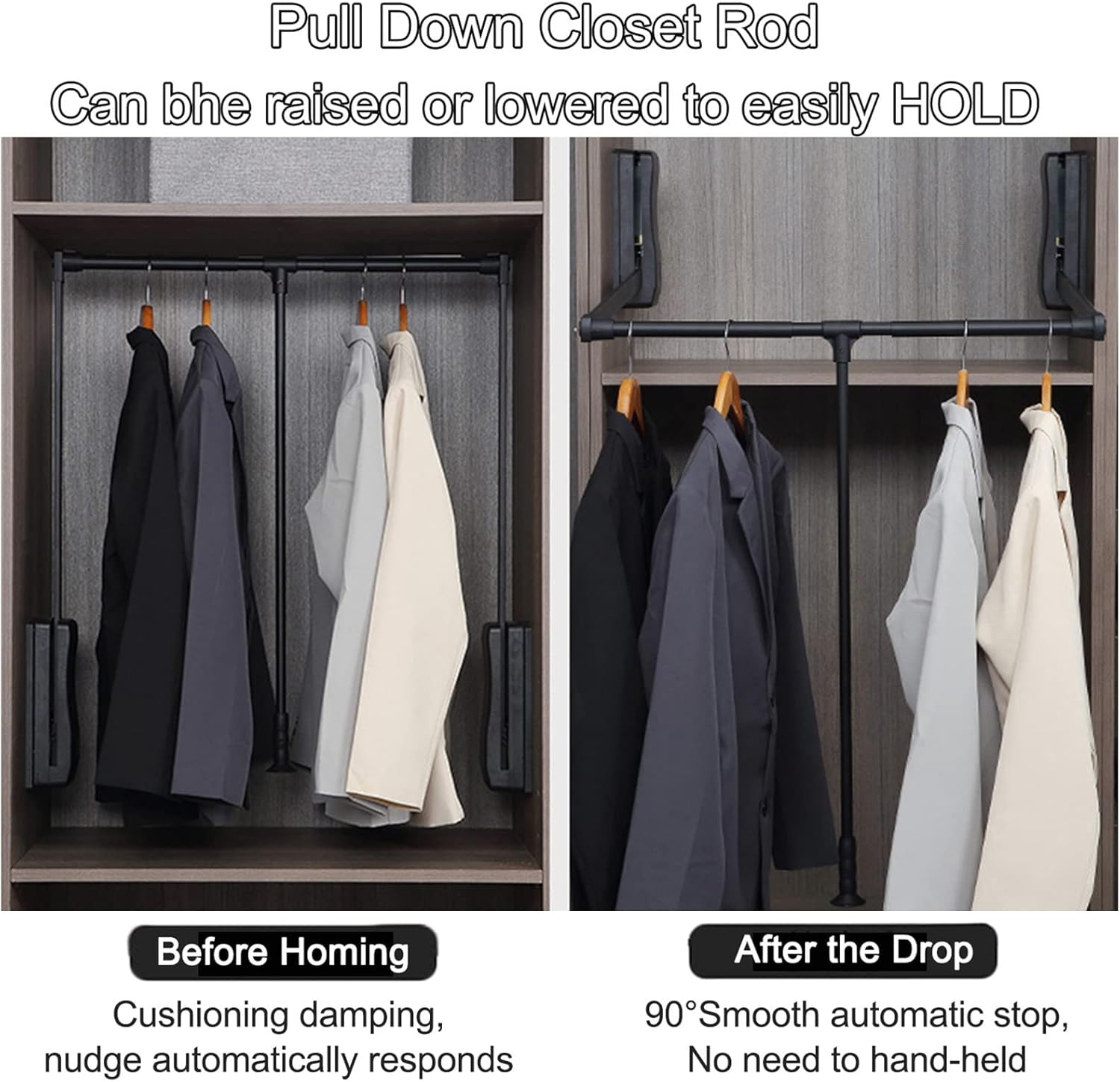 Wardrobe Rail Hanging Lift System, Pull Down Closet Rod for Space Saving Clothing, Adjustable Width, Ergonomic Handle
