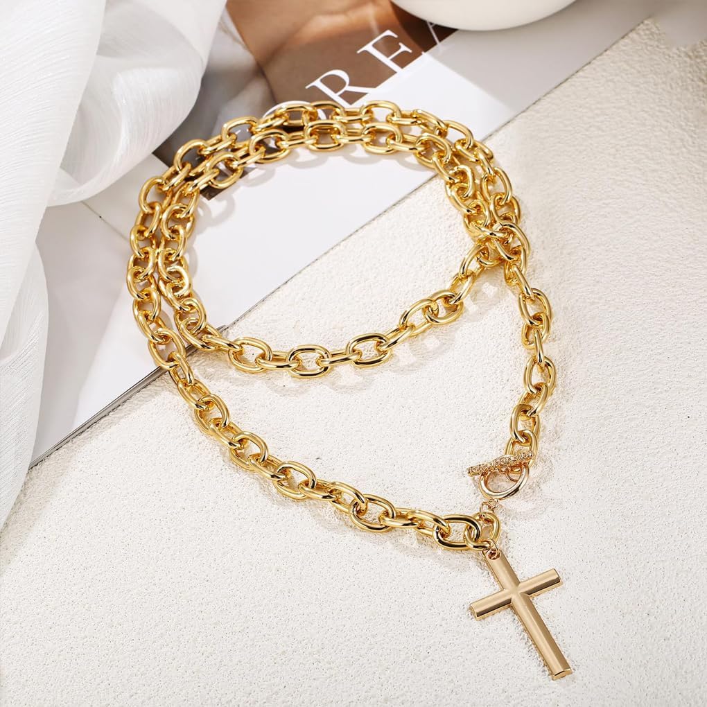 Chunky Gold Cross Necklace for Women,Large Cross Pendant Thick Chain Link Long Necklace,Layered Stackable Statement Jewelry Accessories - Image 5