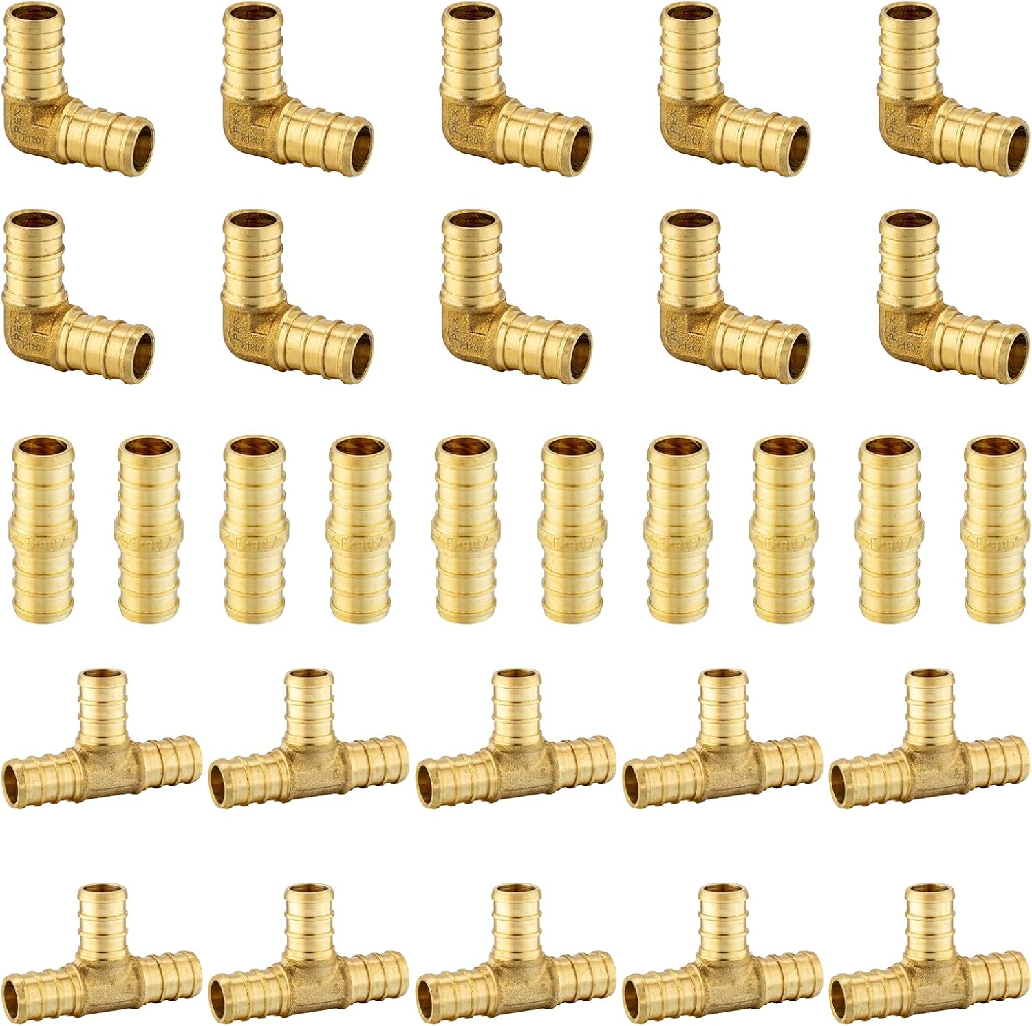 30 Pack Foskan 1/2 Inch PEX Brass Fittings Set, 10 PCS Each,Includes Elbows Tees Straight Couplings, PEX Crimp Barb Fitting Kit