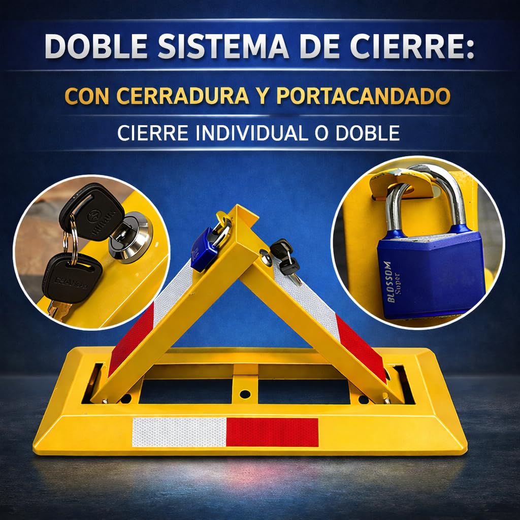 FERPASA® - Barrera de Parking Triangular Termolacada con Cerradura, Porta-candado y Bandas Reflectante - Valla de Aparcamiento Triangular