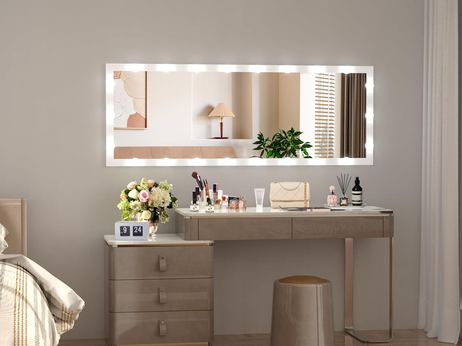 ANYHI White Full Length Mirror with Lights, 63" x 24" Hollywood Vanity Mirror with 22 LED Bulbs, 3 Color Lights, Dimmable, Thick Frame, Straight-Waist Design, White