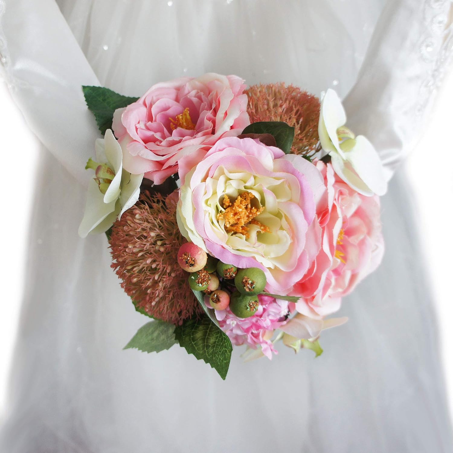 8" Artificial Mix Roses Hydrangeas Orchids Wedding Bouquet Centerpiece (1, Pink)