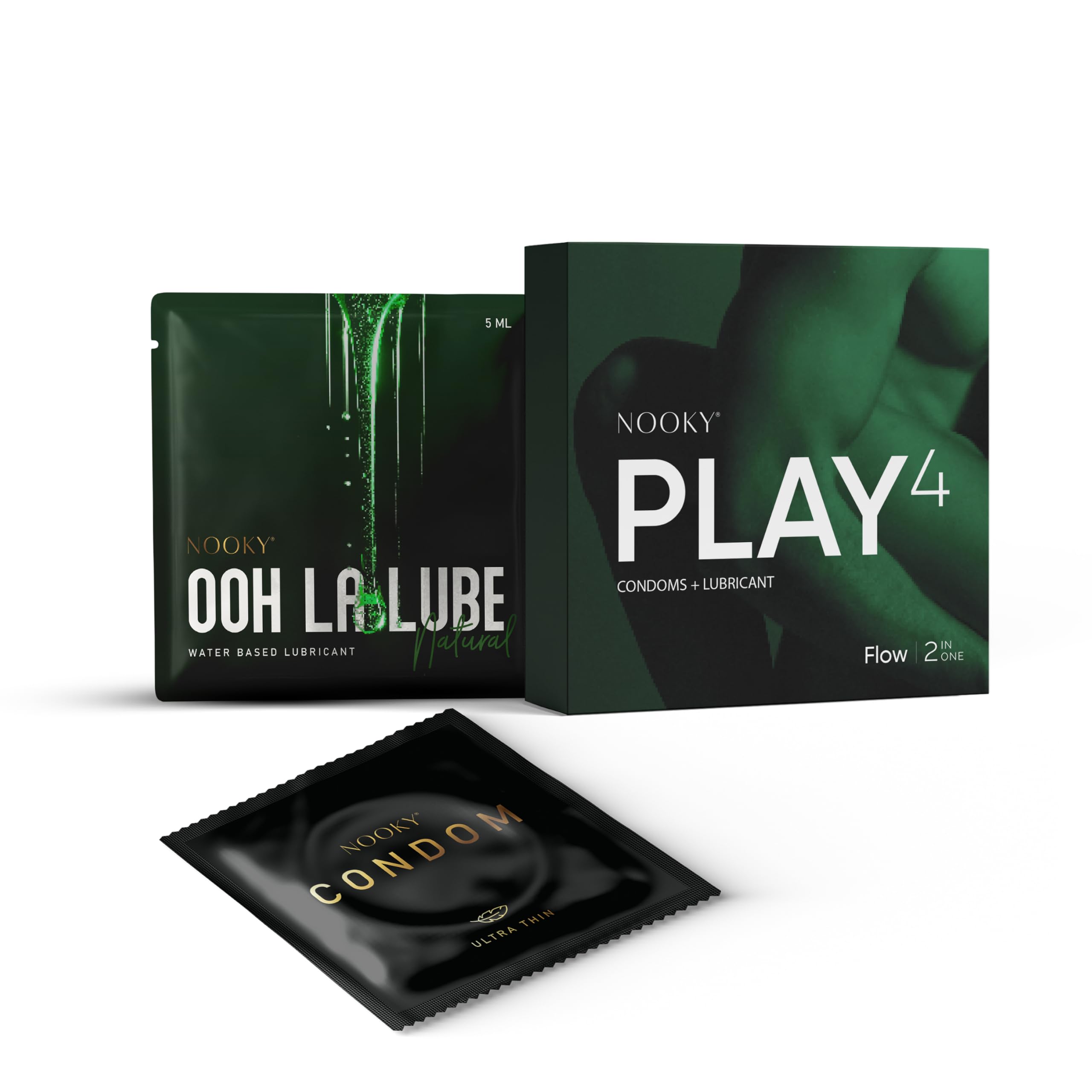 NOOKY Flow 2-in-1 Condom Kit | 2 Ultra Thin Condoms + Aromatic Massage Oil | Compact Wellness Kit for Couples | Travel-Friendly Pack