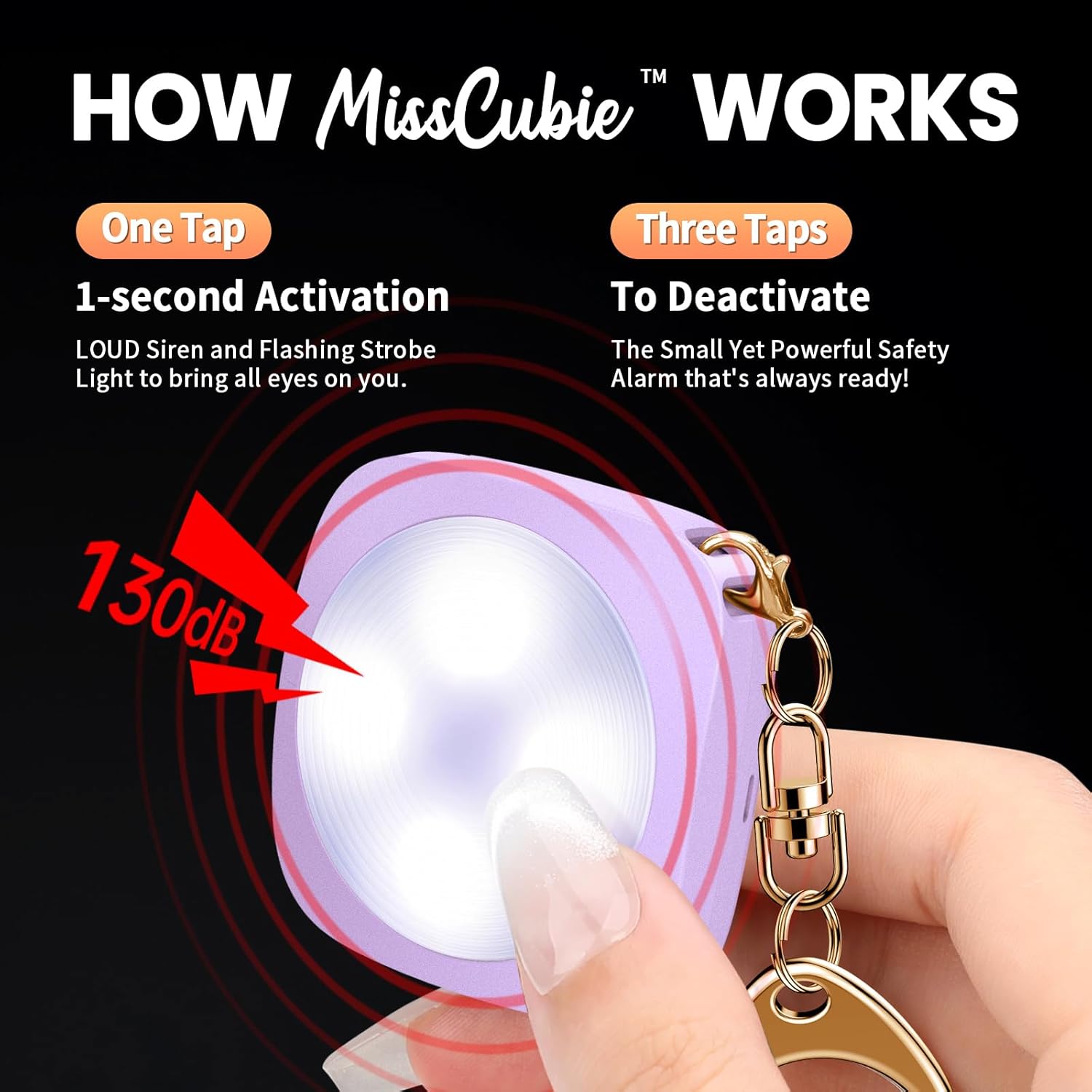 Elecpow Personal Safety Alarm for Women-MissCubie Original Rechargeable Keychain Alarm with Low Battery Alert,130DB Siren and 3 Color LED Flashing Light for Personal Safety (Purple and Black)