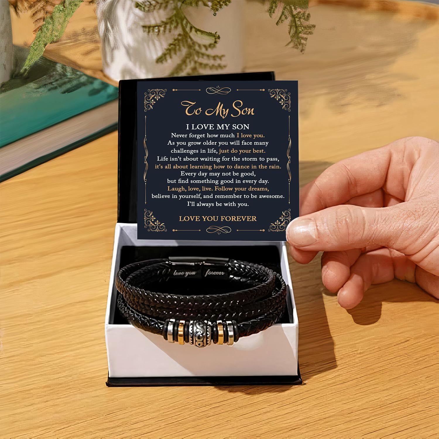 To My Son Bracelet From Mom Dad with Personalized Message, Forever Linked Together Black Braided Leather Inspirational Bracelets, Gift For Son From Parents, Birthday Gift with Card and Box - Image 4