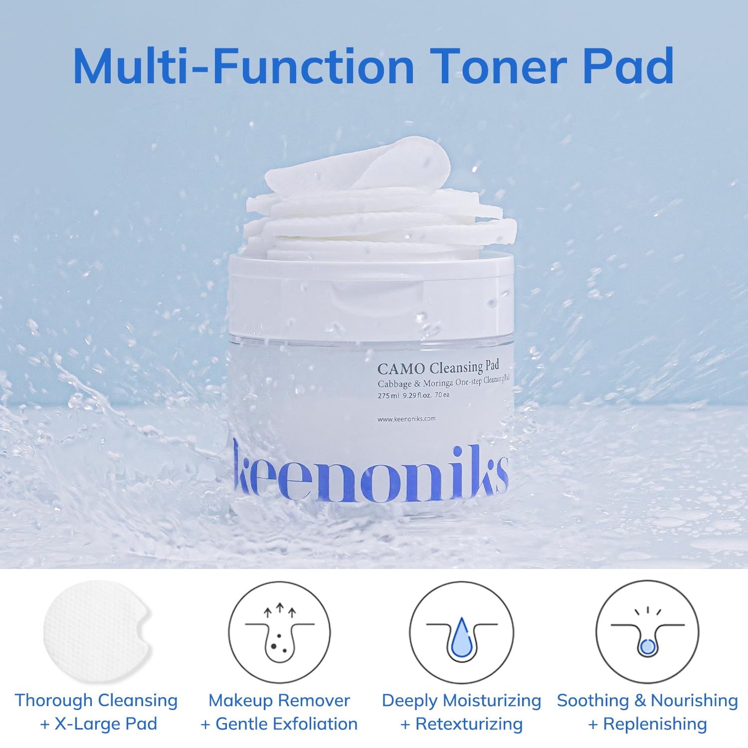 keenoniks One-step Korean Cleansing Pad- Deep Cleans, Smooths & Hydrates Skin in 30 Seconds | Gentle Exfoliating Dual Pads, 3.2 Inch XL Size (70 Pads)