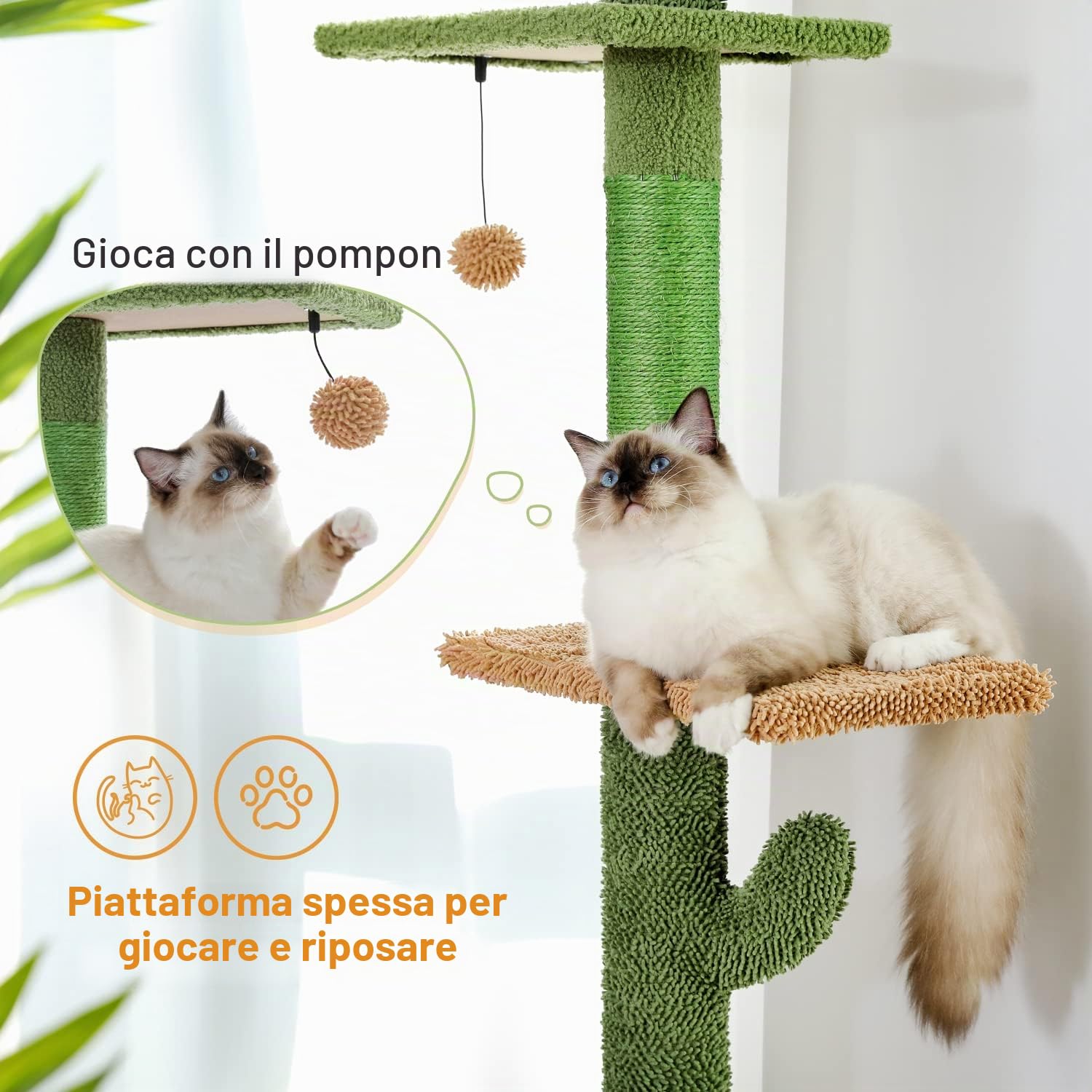 PAWZ - Tiragraffi a forma di catus, da terra fino al soffitto, tiragraffi a torre per gatti con altezza regolabile (229-275 cm), 5 ripiani, con comoda amaca, ripiani e palline penzolanti