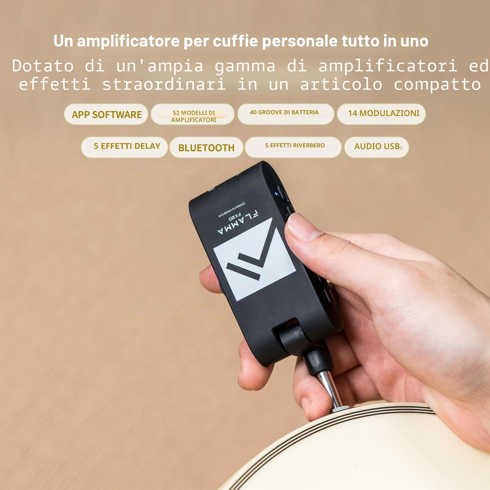 FLAMMA FX20 Amplificatore per cuffie per chitarra con APP 40 scanalature per batteria 52 modalità Amp 5 ritardo 5 effetti di riverbero 14 modulazioni per la registrazione pratica e la creatività