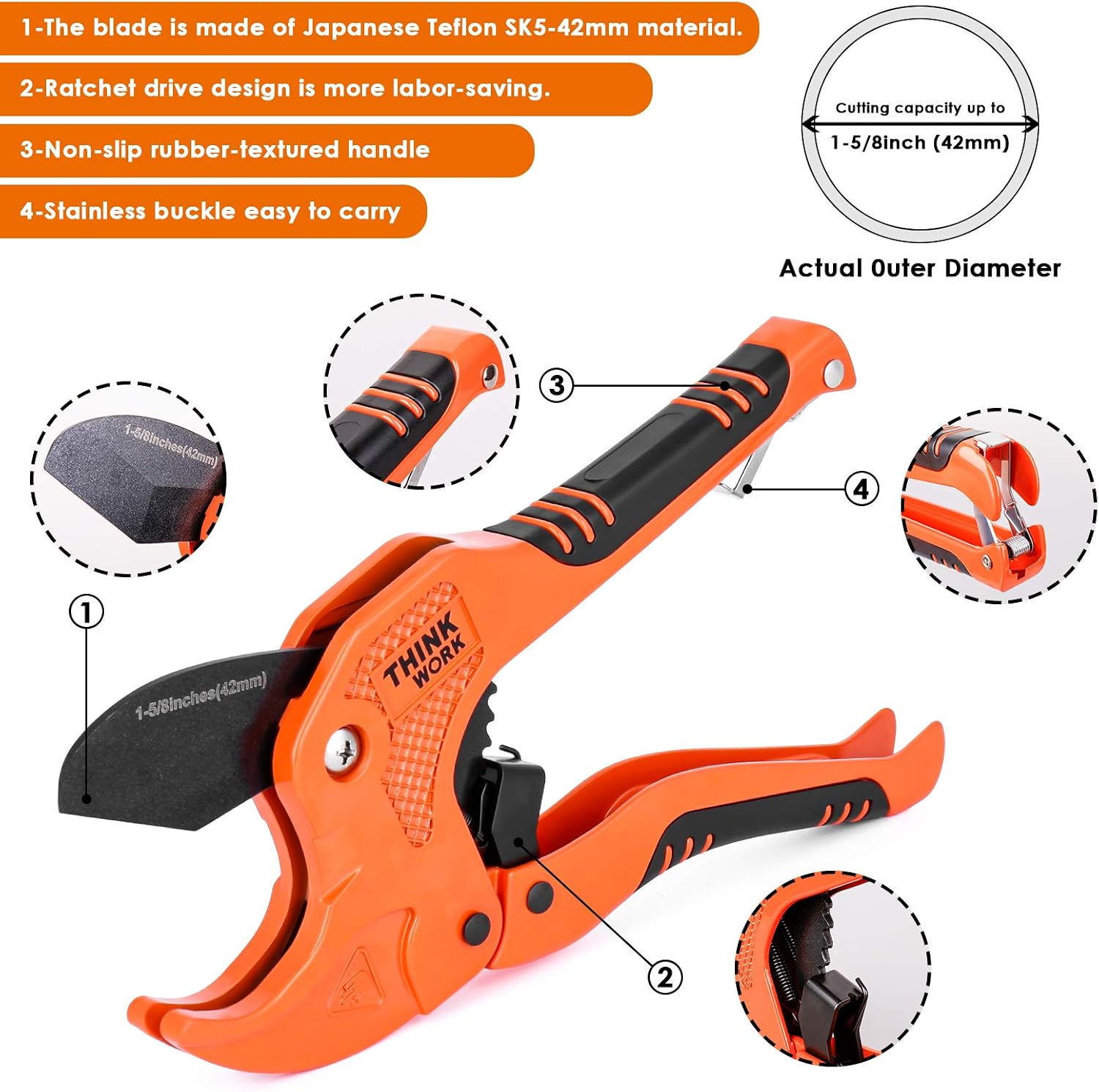 THINKWORK Ratchet-type Pipe(1-5/8" OD) and PEX Straight Cut Pipe Cutters(1-3/8" OD),2 Pack One-hand Fast Pipe Cutting Tool for Cutting PVC Plastic Hoses and Pipes,Suitable for Home Working and Plumber