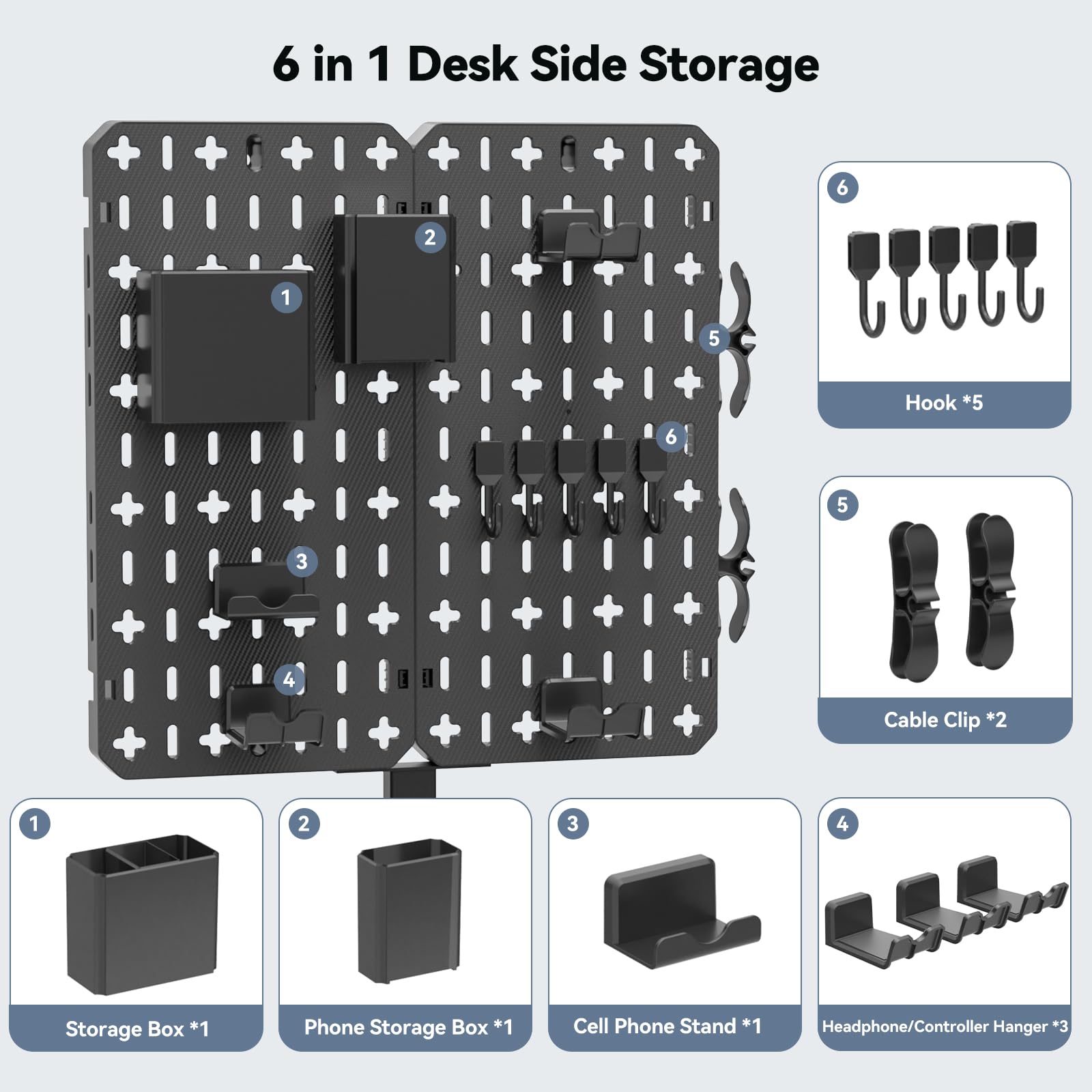 KDD Pegboard biurkowy 7 w 1 – bez wiercenia, tablica wtykowa do zaciskania z uchwytem na telefon komórkowy/długopis/uchwyt na słuchawki i kontroler/hakiem, zdejmowana płytka perforowana do warsztatu