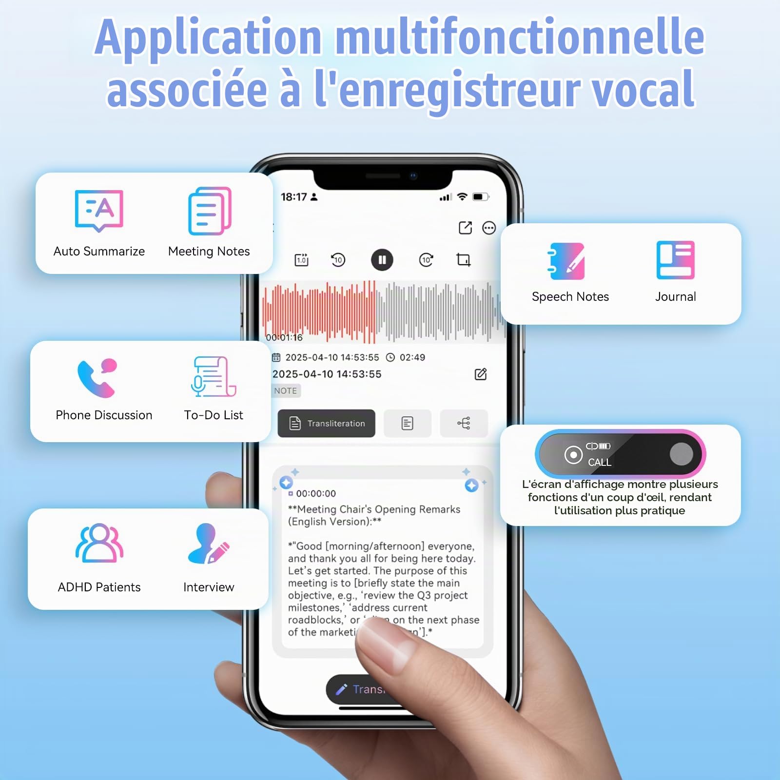 Enregistreur Vocal IA Dictaphone Numérique 64GB avec Transcription Audio en Temps Réel & Traduction 118+ Langues Reconnaissance Vocale, Résumé Automatique pour Réunions, Bloc Note Numérique