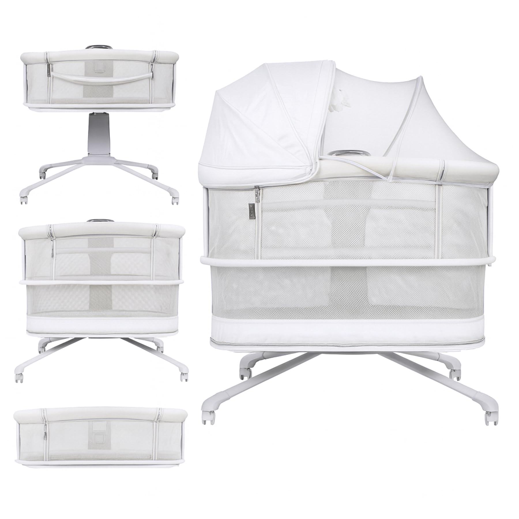 Olmitos Mini Cuna Multifuncional para Bebé 4 en 1: Moisés, Minicuna Colecho, Parque de Juegos | Colchón Lavable, Balanceo Automático, Conectividad Smart y Capota con Mosquitera (Gris Claro)